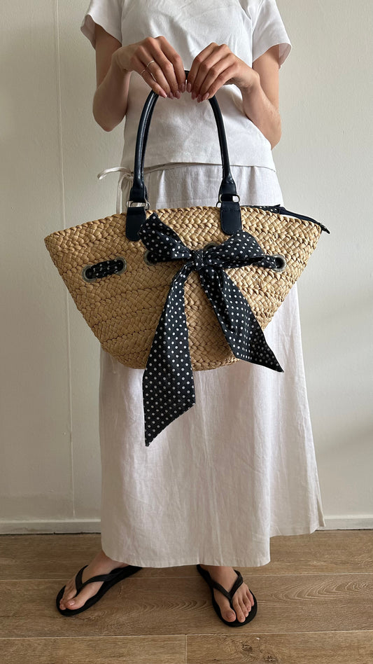 blue polka dot straw basket bag