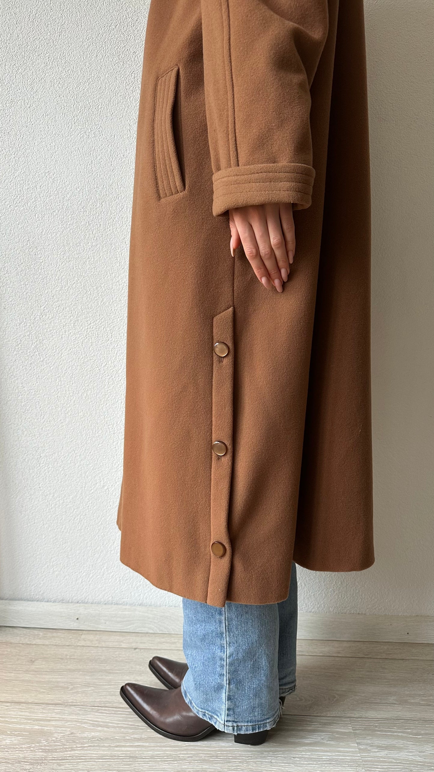 camel brown single breasted wool and cashmere coat