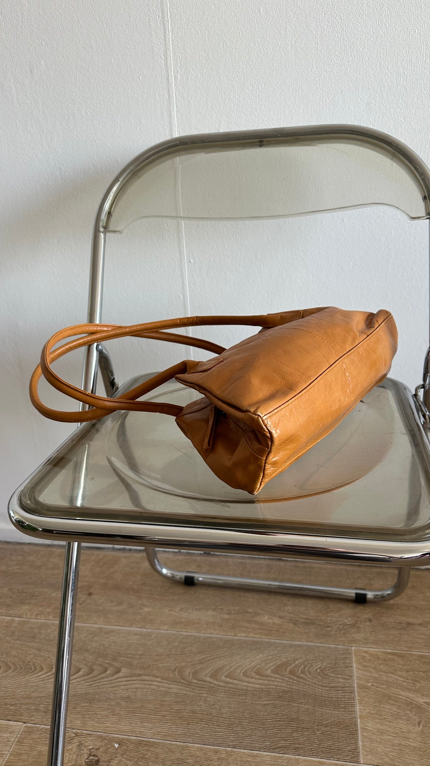 camel leather long handles bag
