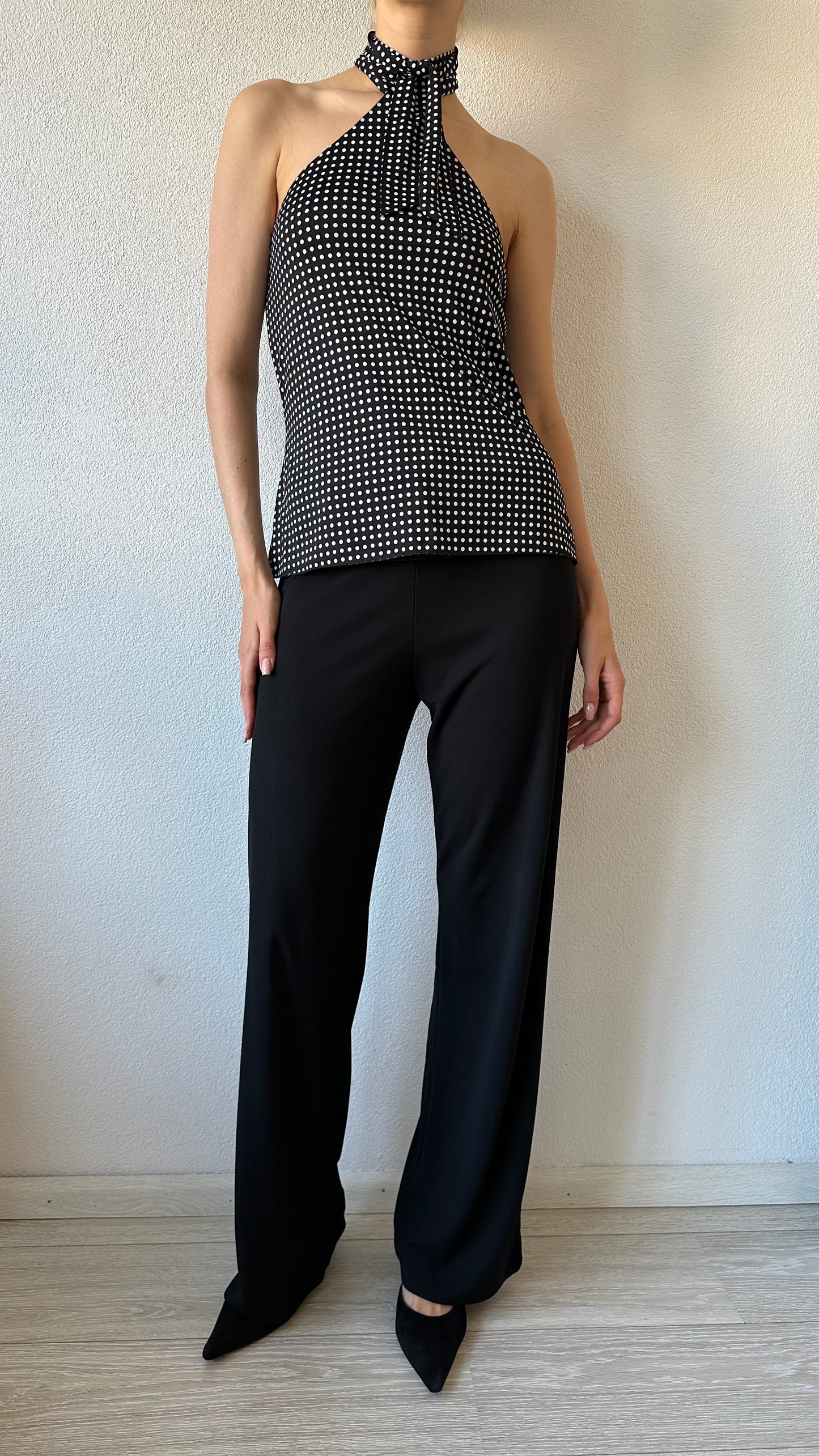 polkadot black and white halter top