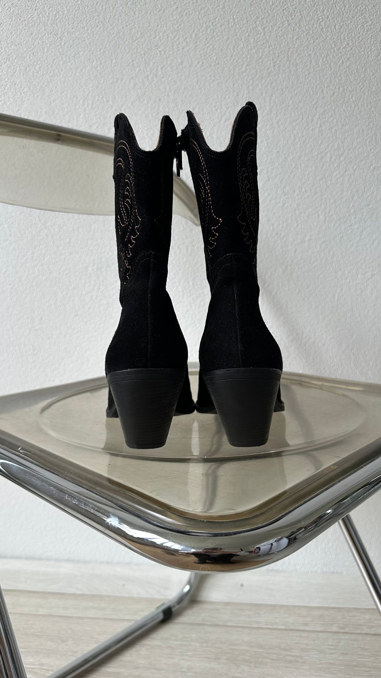 black suede cowboy boots with contrast stitching
