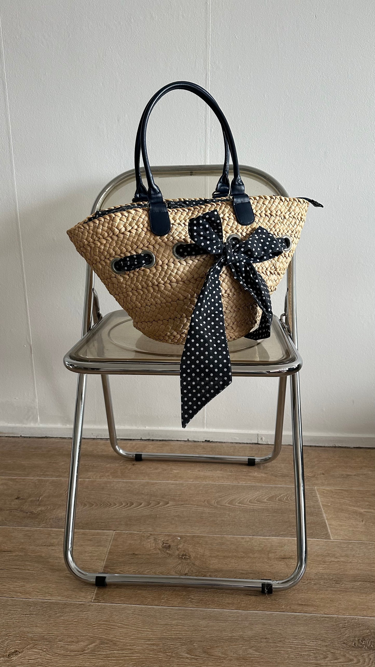 blue polka dot straw basket bag