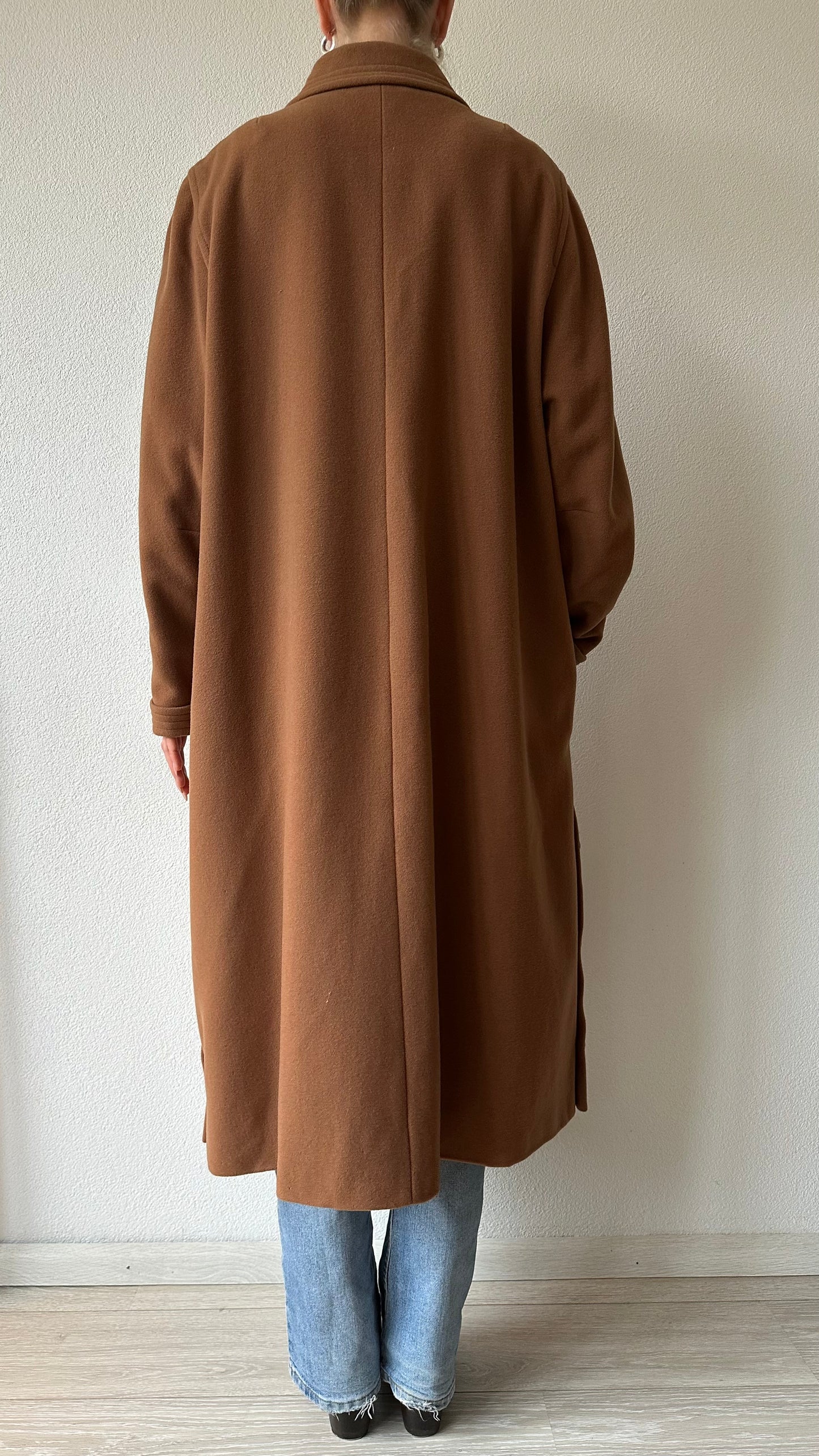 camel brown single breasted wool and cashmere coat