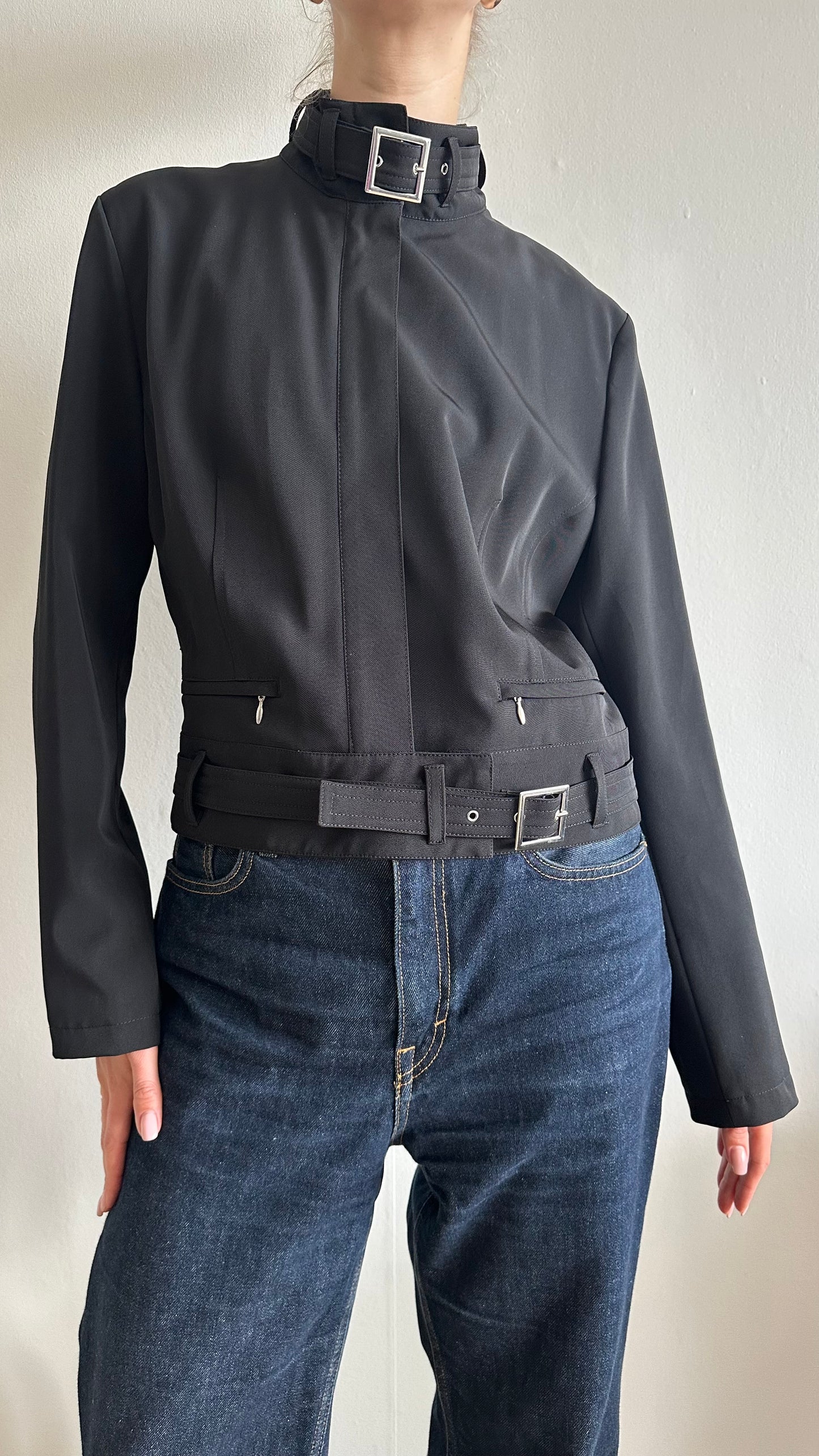 y2k black WE woman funnel belt jacket
