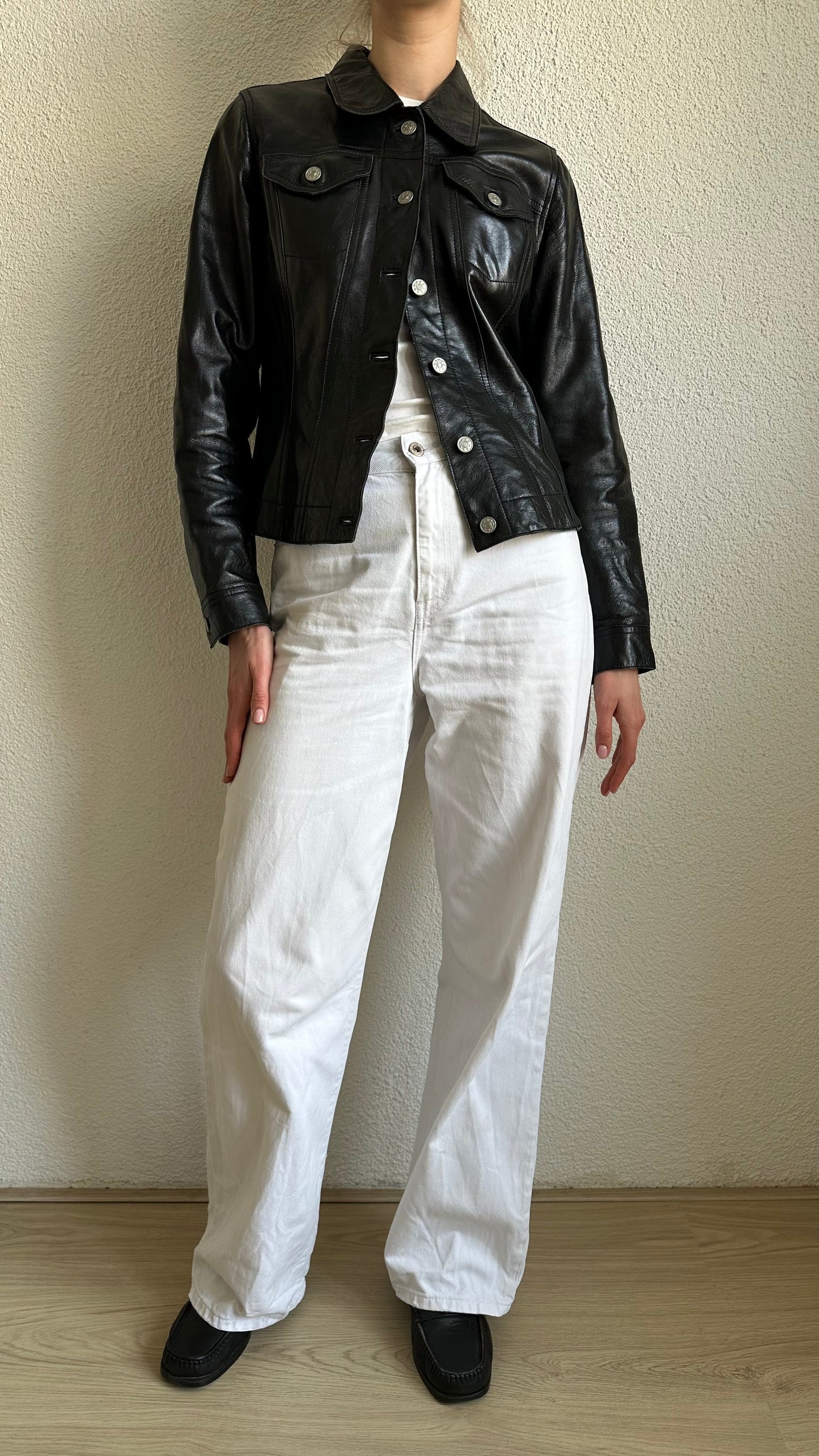 leather black buttoned fitted short coat