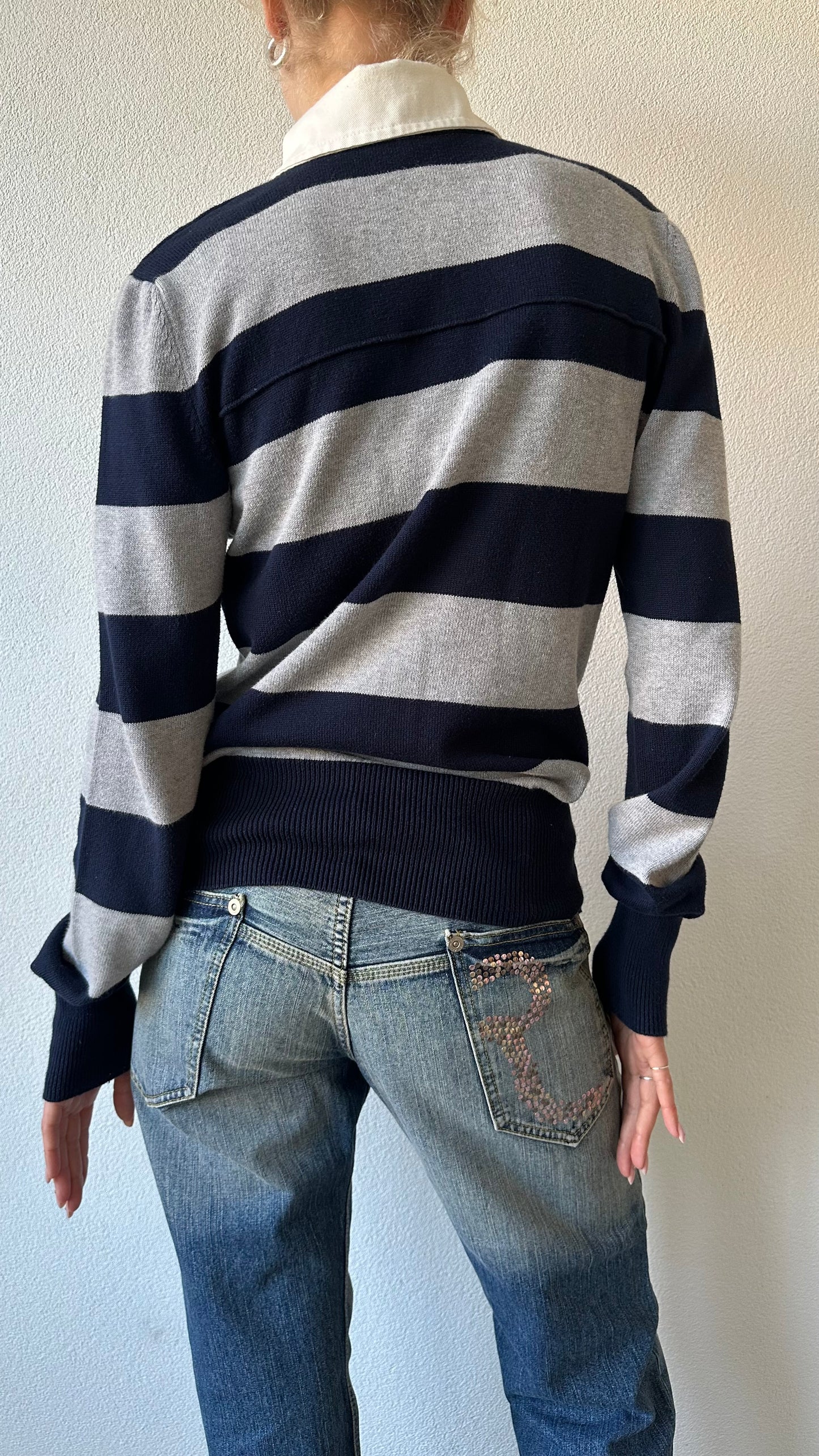 striped grey and blue knitted Woolrich longsleeve polo