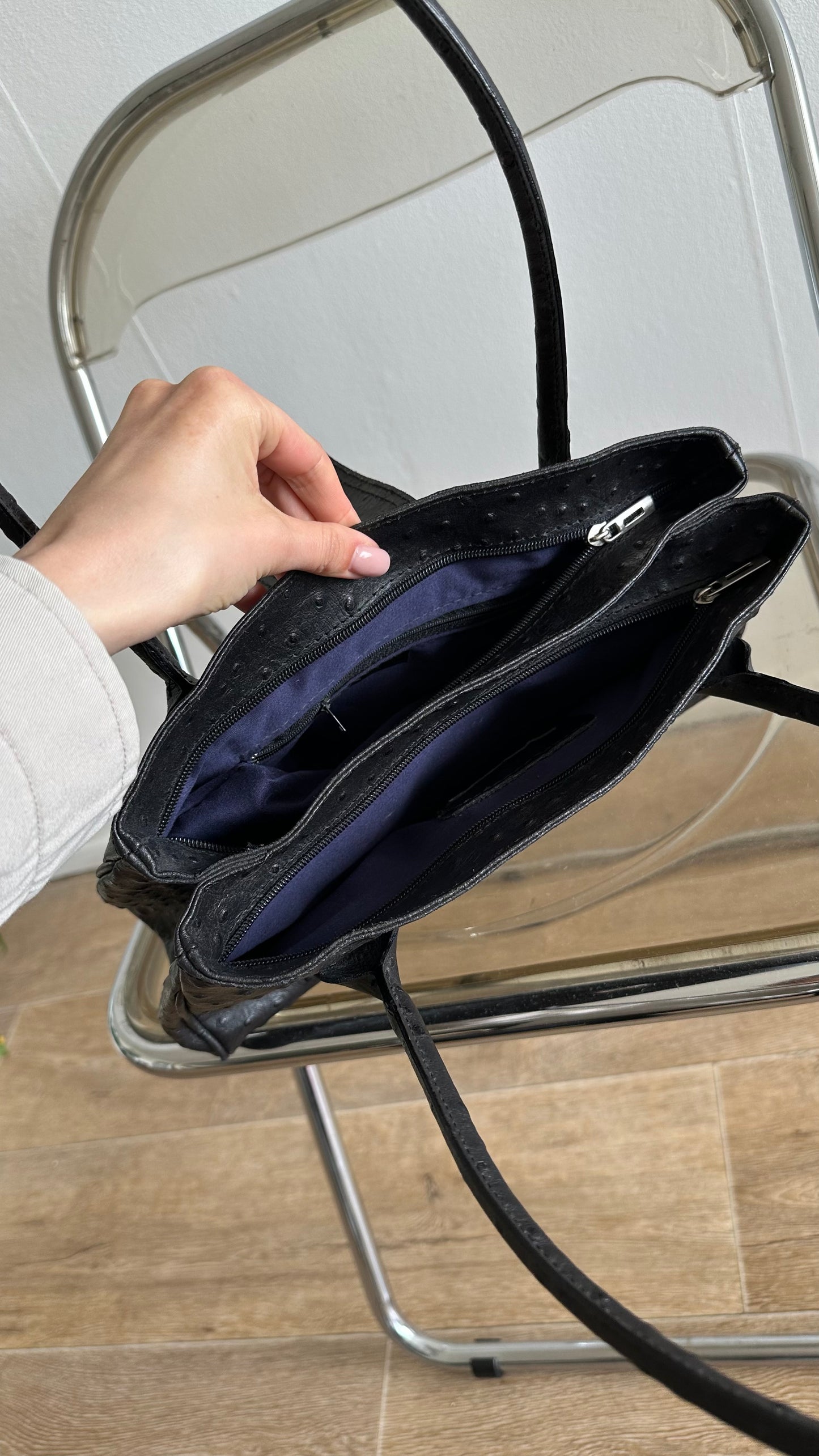black ostrich leather shoulder bag