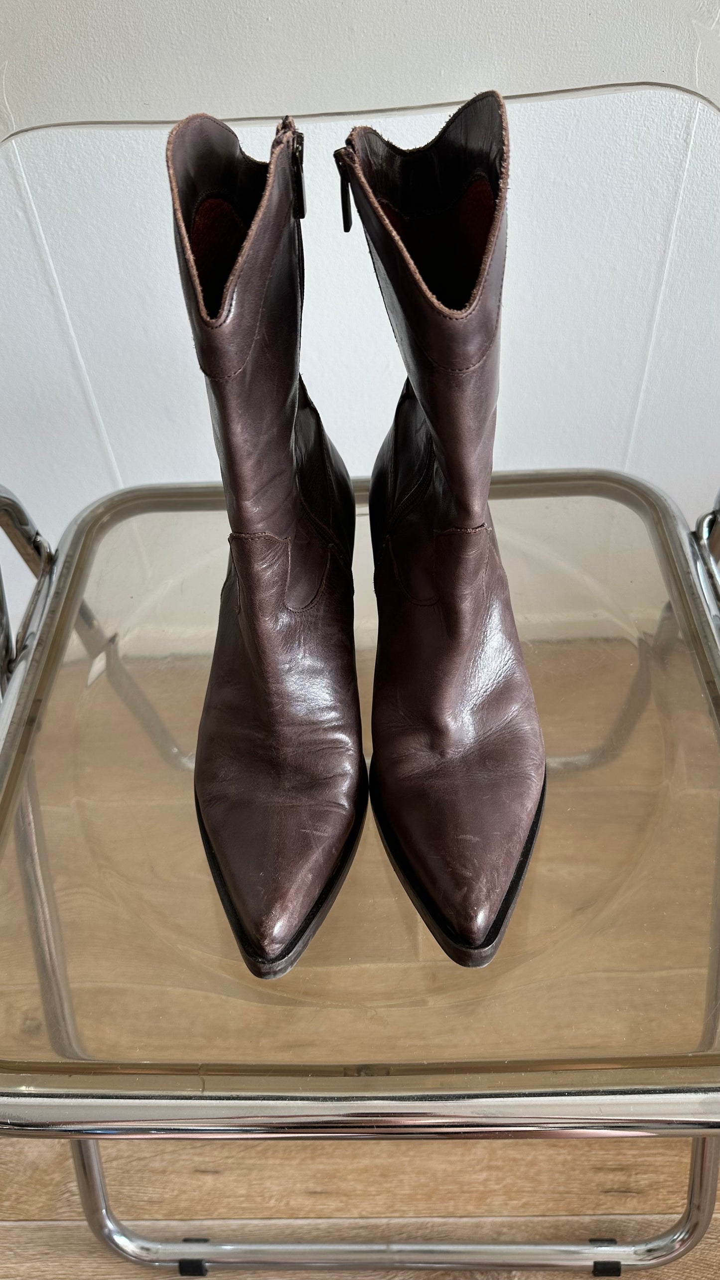 mid century modern walnut leather ankle boots in cowboy style