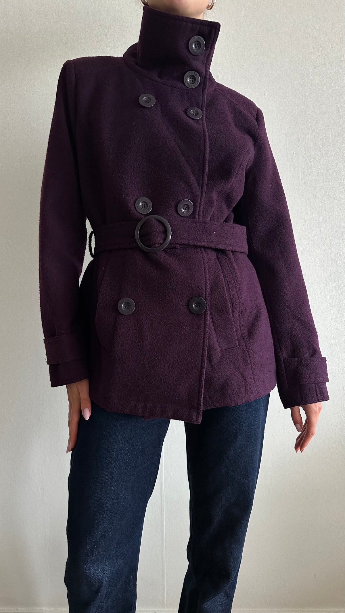 purple funnel neck coat