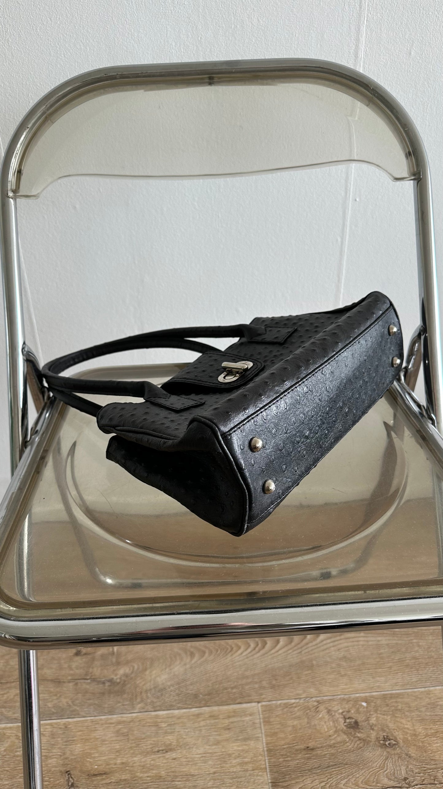 black ostrich leather shoulder bag