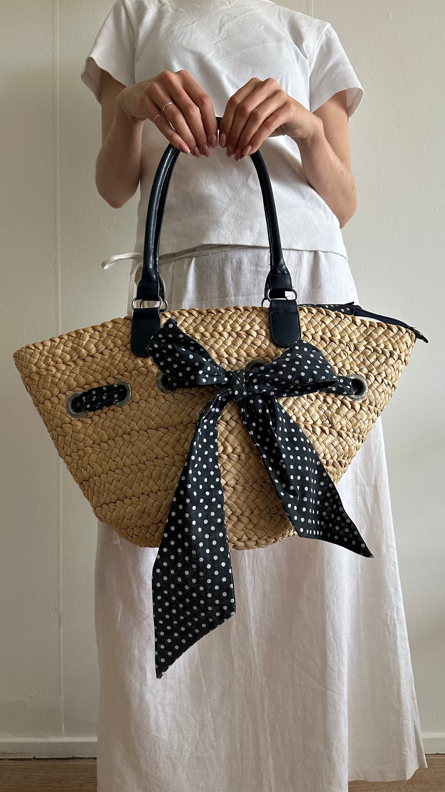 blue polka dot straw basket bag