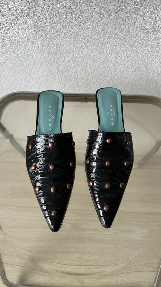 muxart pointed mules black lacquer leather bronze studs