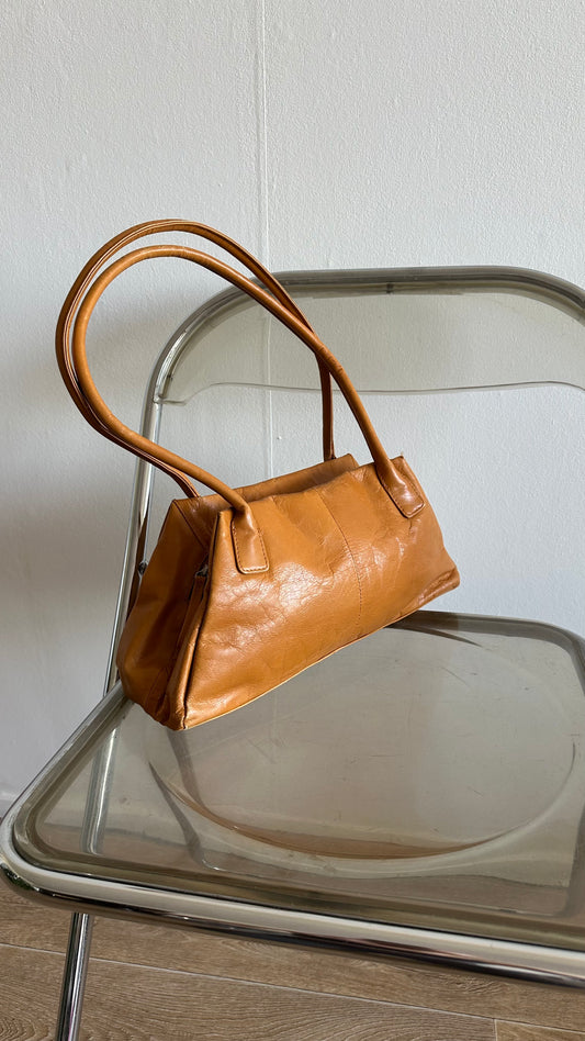 camel leather long handles bag