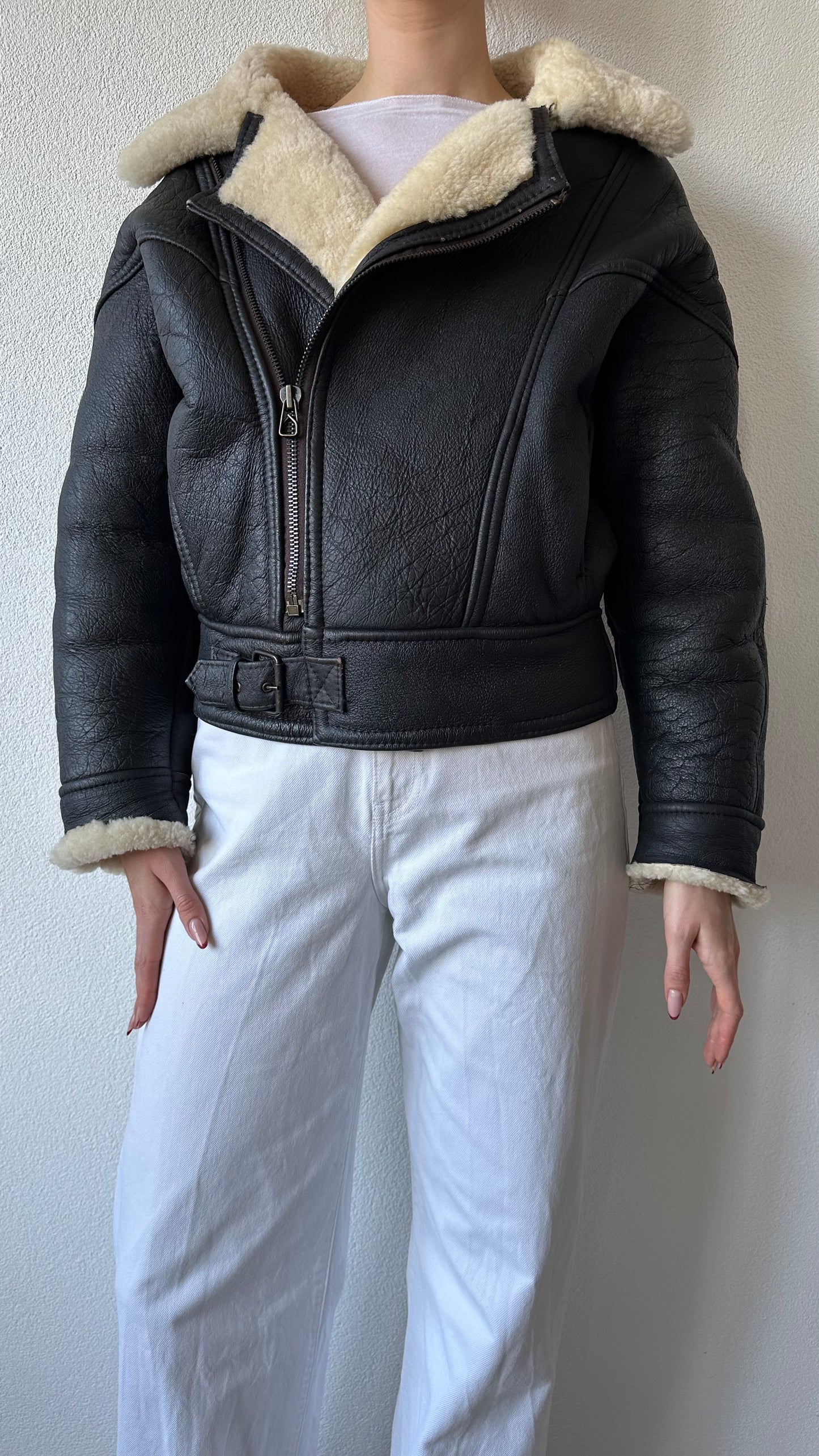 black shearling lammy coat with beige lammy lining