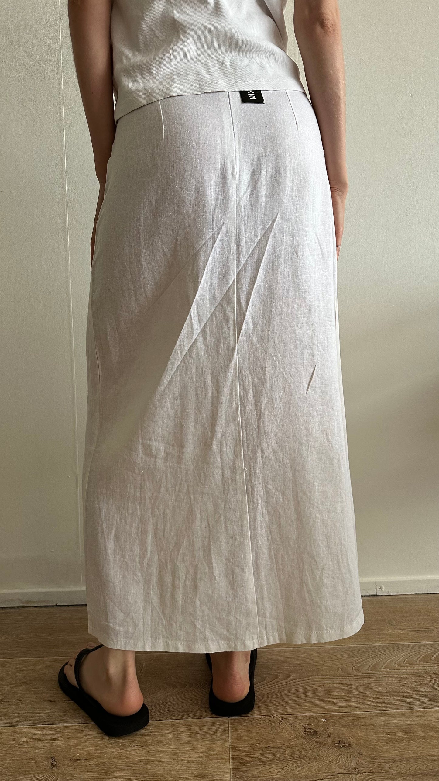 new white linen midi skirt