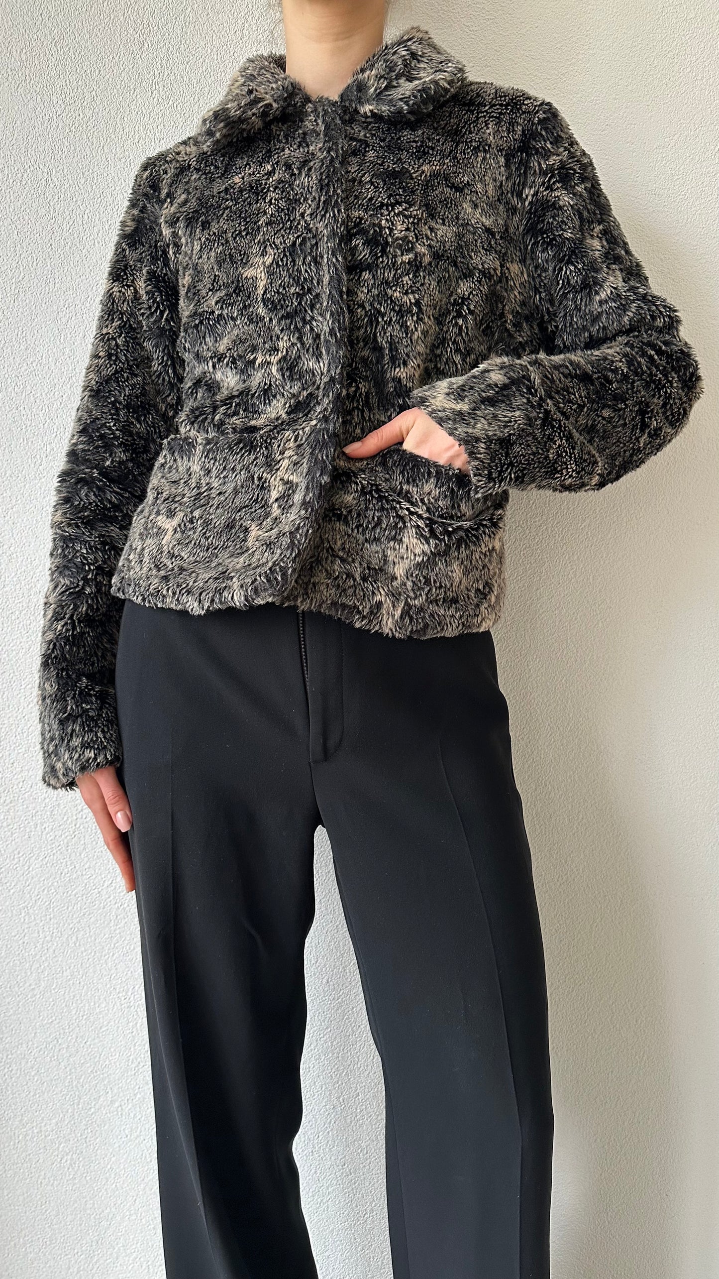 cropped faux fur coat in mingled grey and black