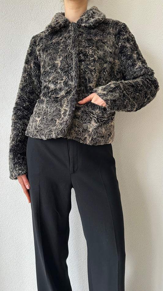 cropped faux fur coat in mingled grey and black