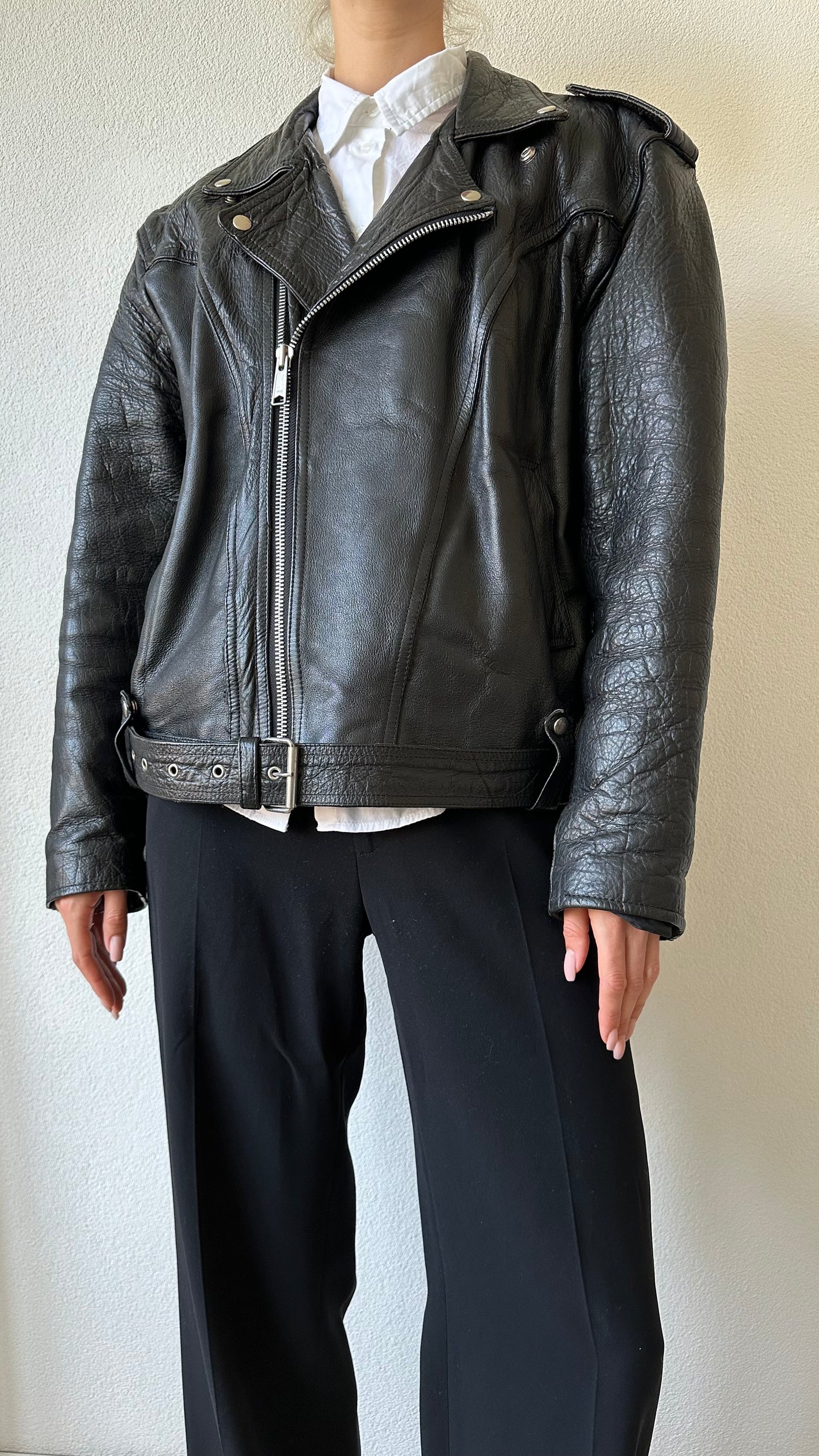 black leather vintage moto jacket