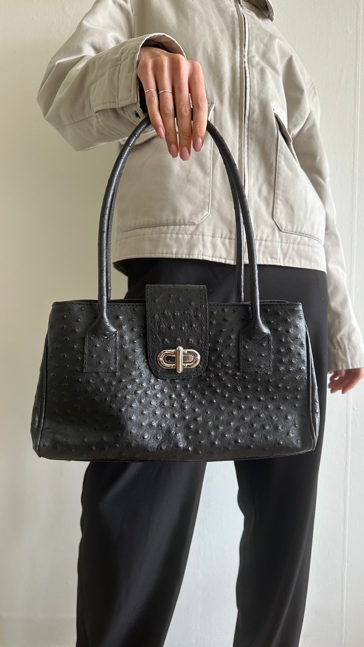 black ostrich leather shoulder bag