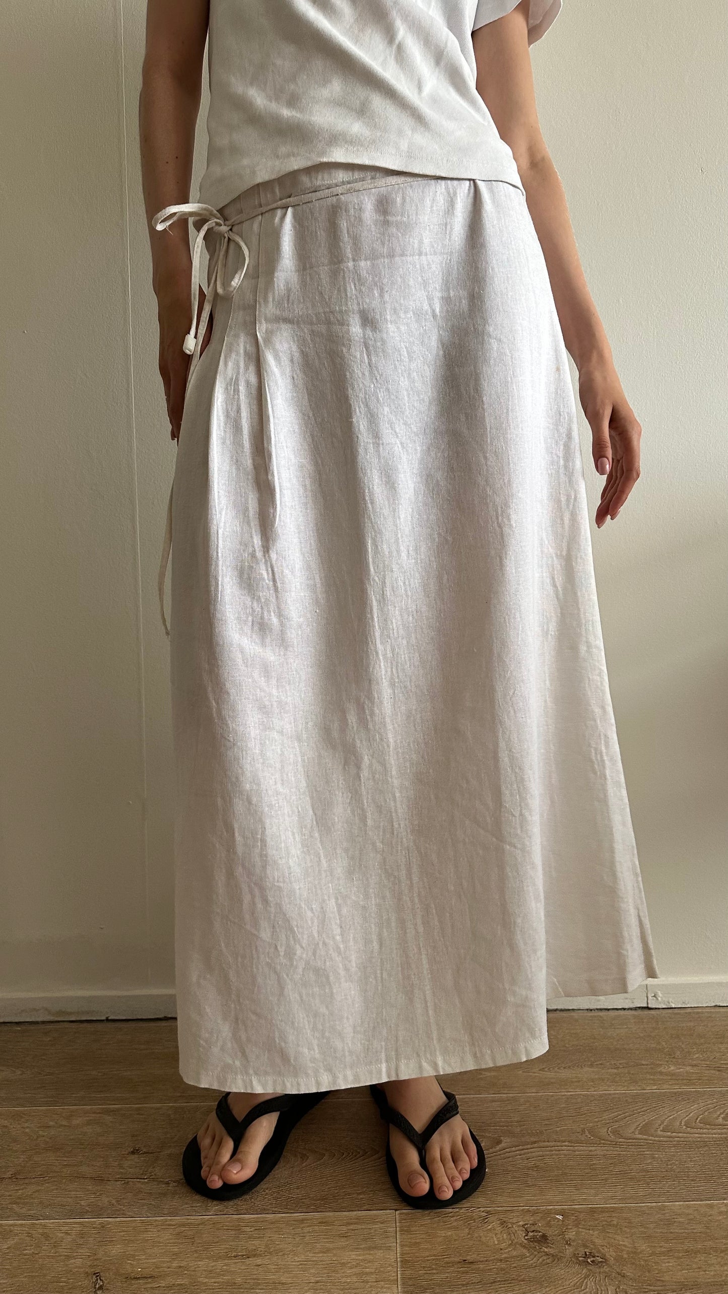 new white linen midi skirt