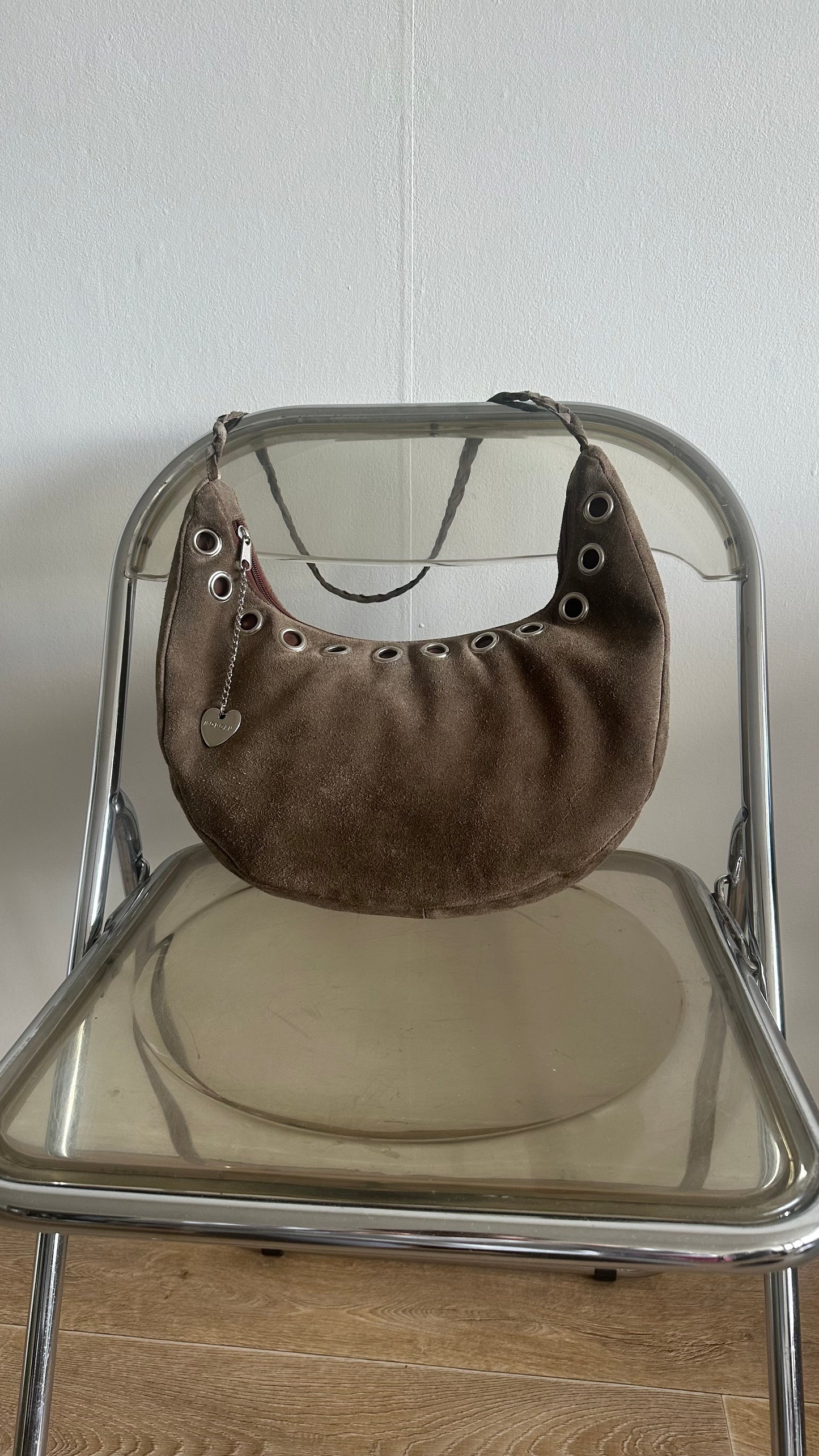 suede brown half moon bag silver rounds