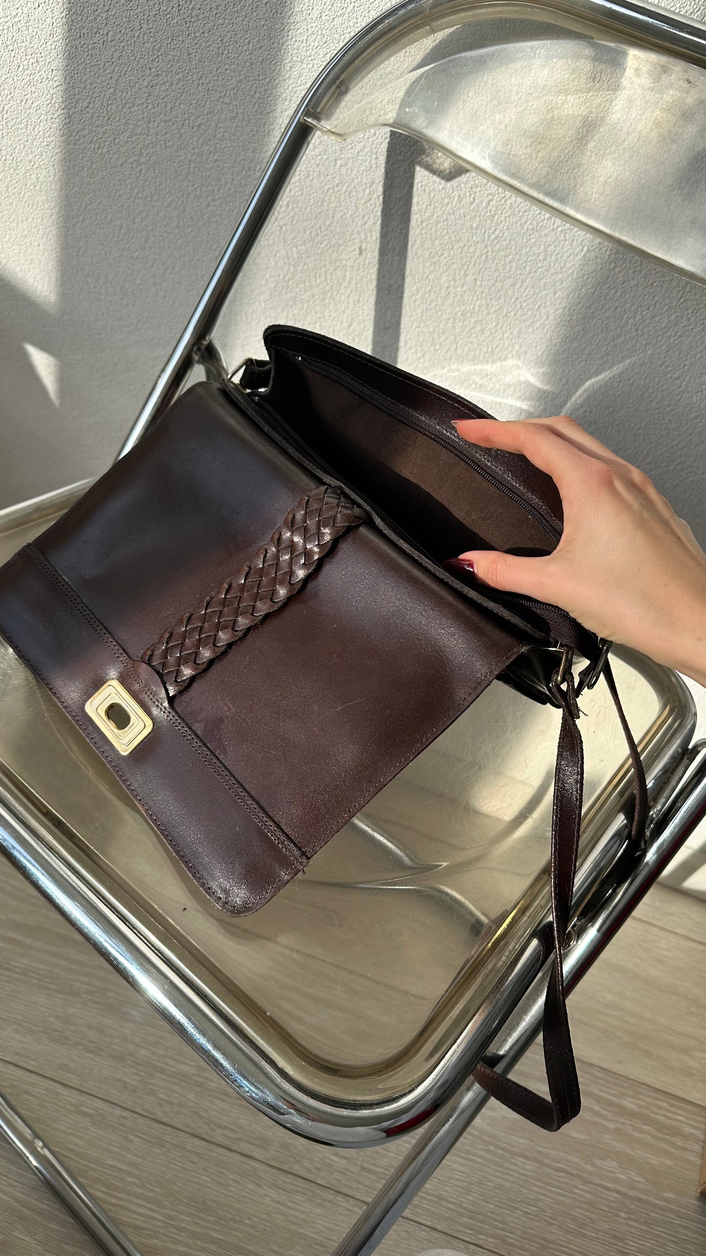 vintage brown leather messenger bag with organiser details and gold twist lock