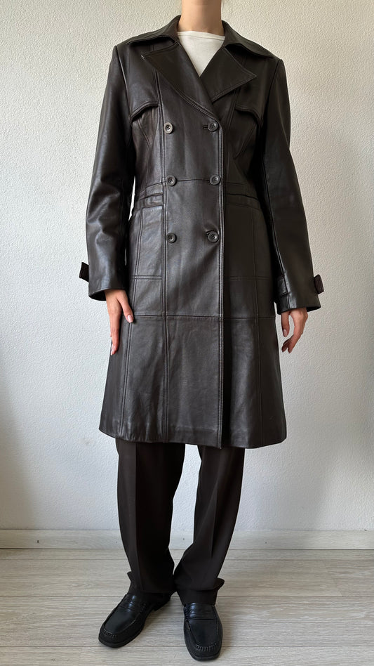 vintage brown leather midi trenchcoat