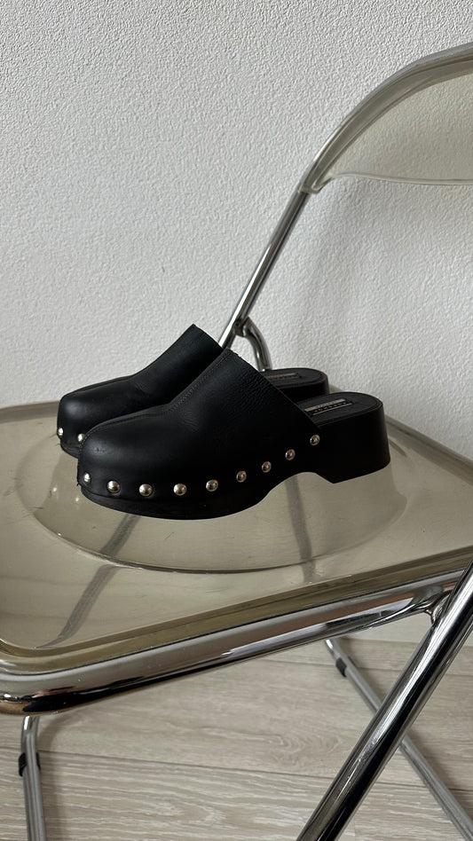 black leather mules studs clogs block heel