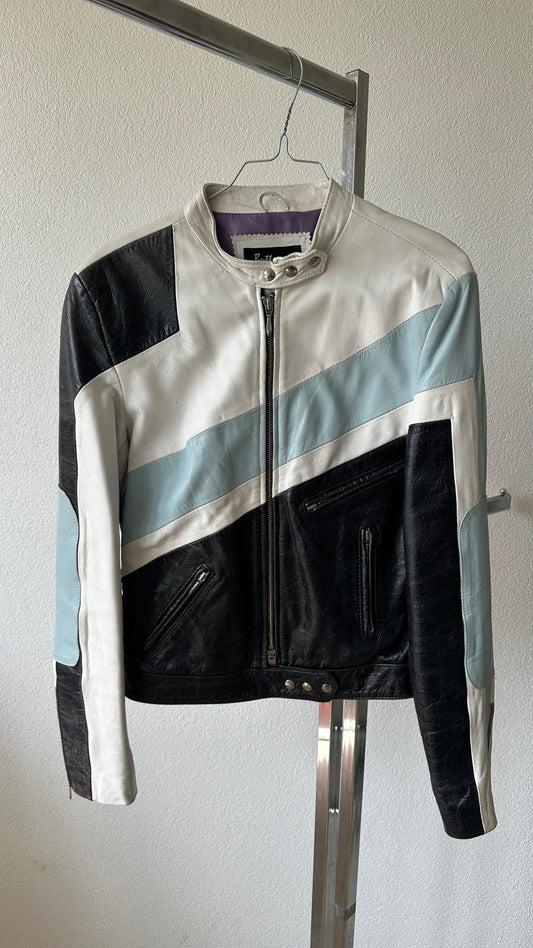 Vintage biker jacket black white blue rare preloved