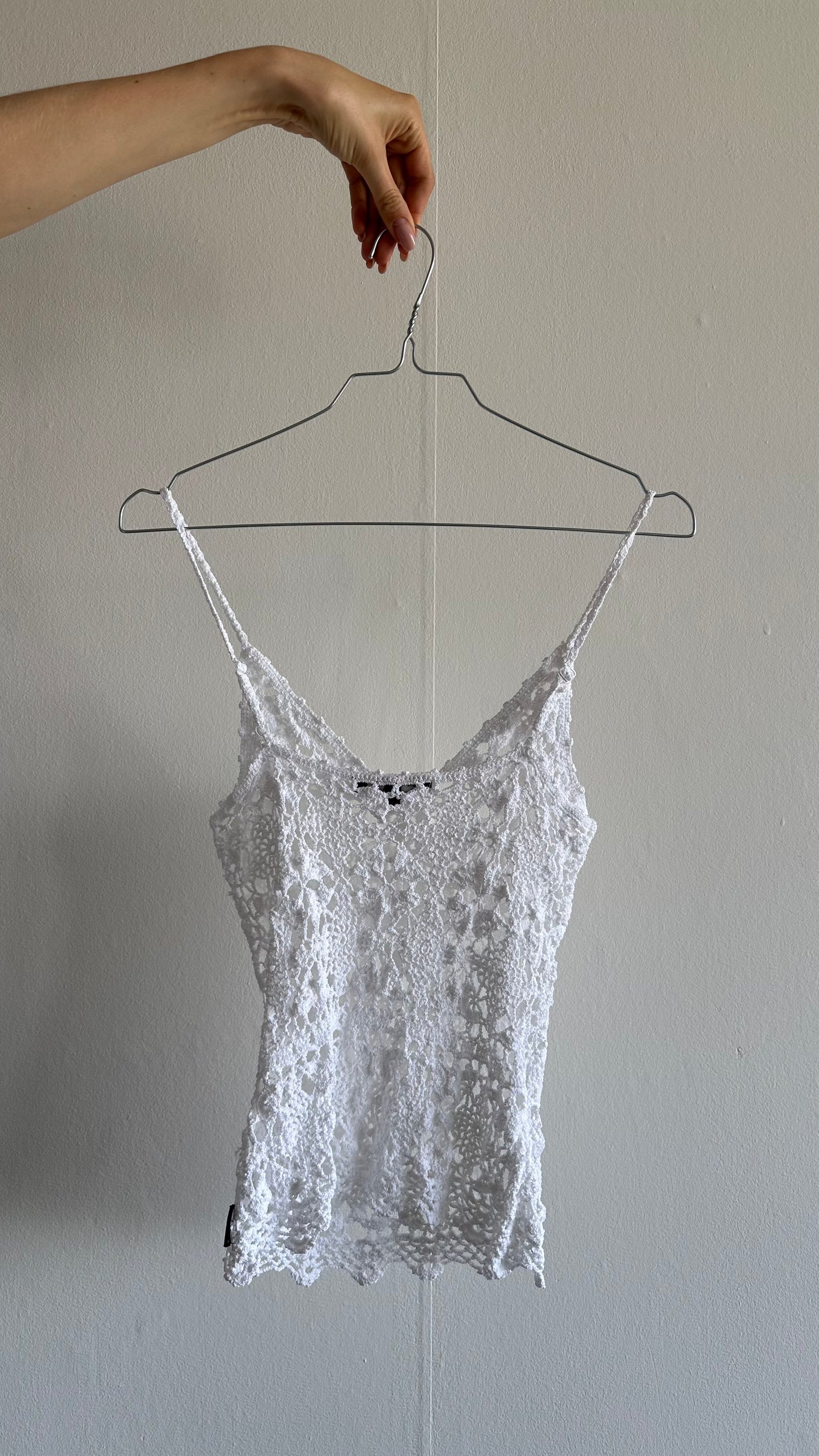 white crochet watcher y2k top