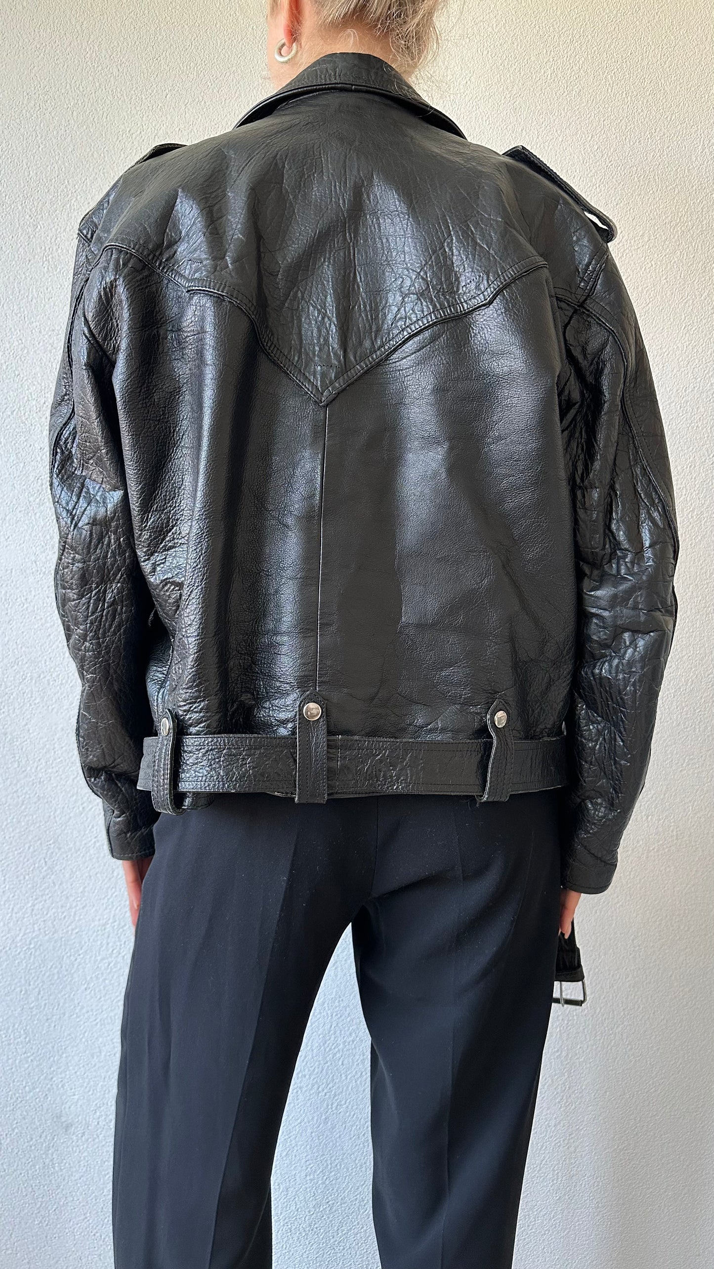black leather vintage moto jacket