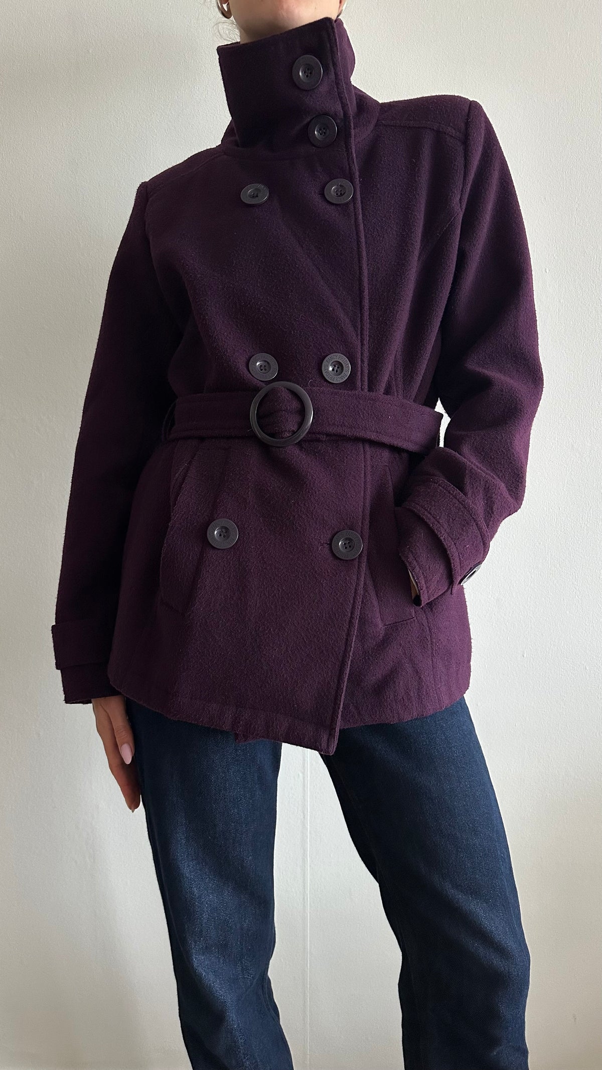 purple funnel neck coat