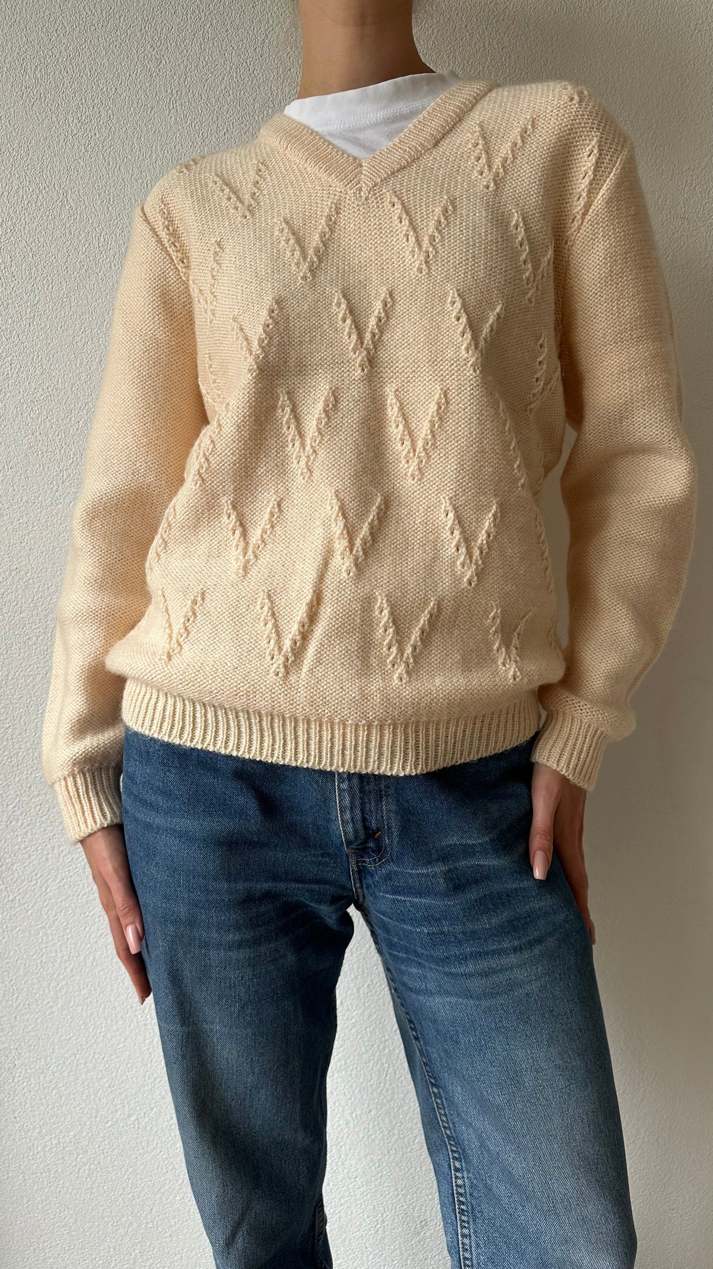 handmade soft pink and beige v-neck wool sweater