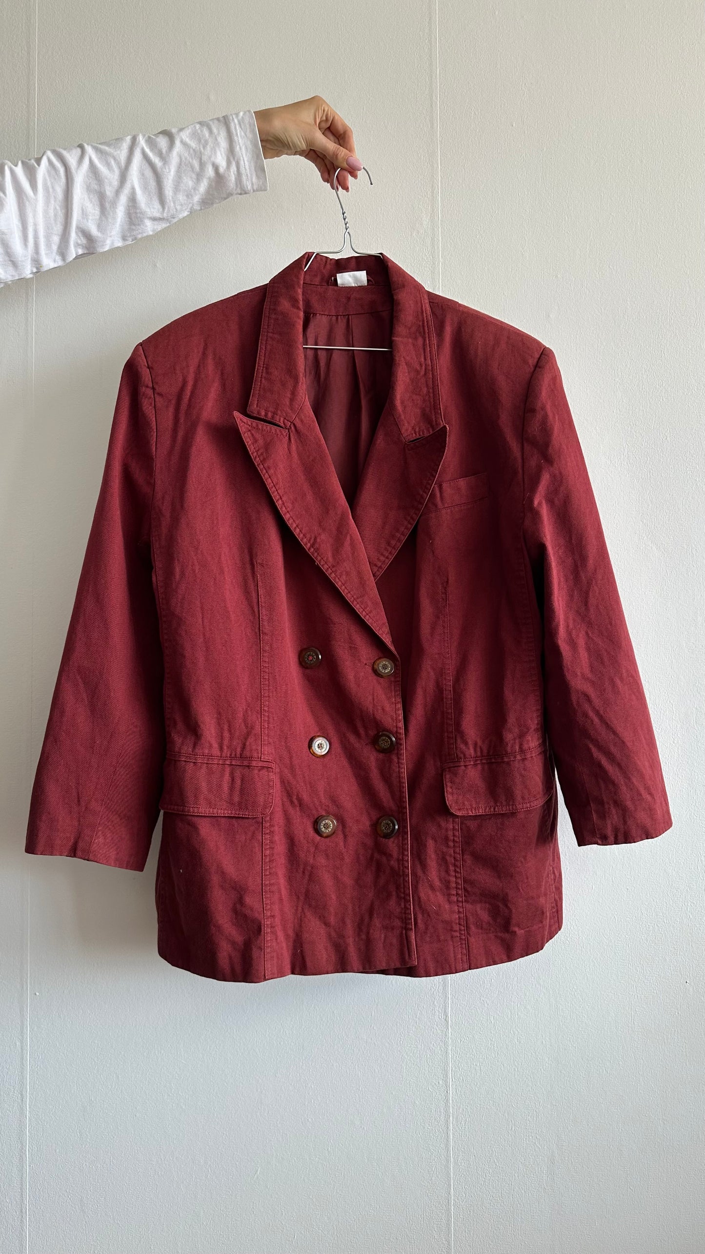red denim burgundy suit