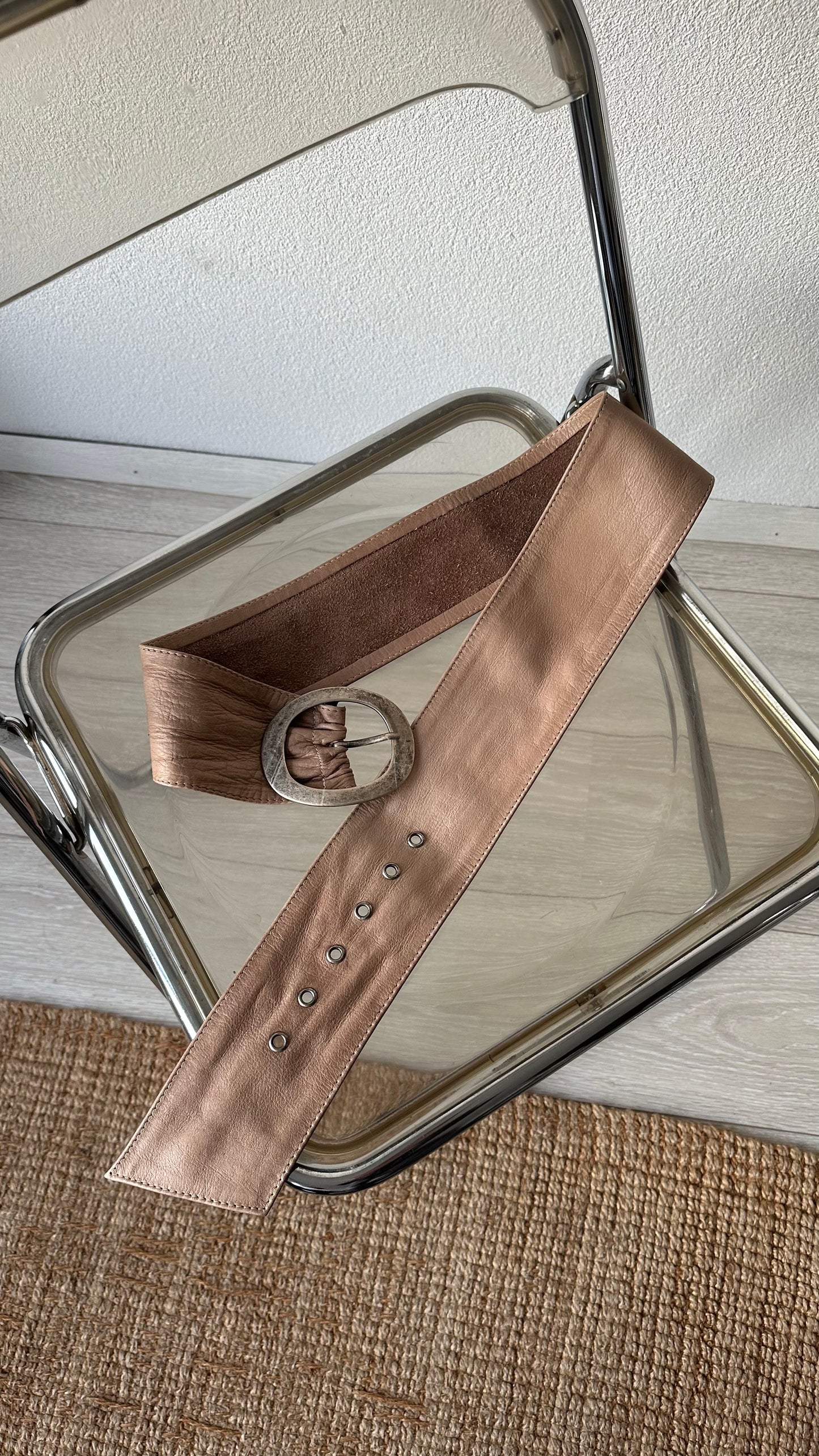 wide vintage leather belt beige