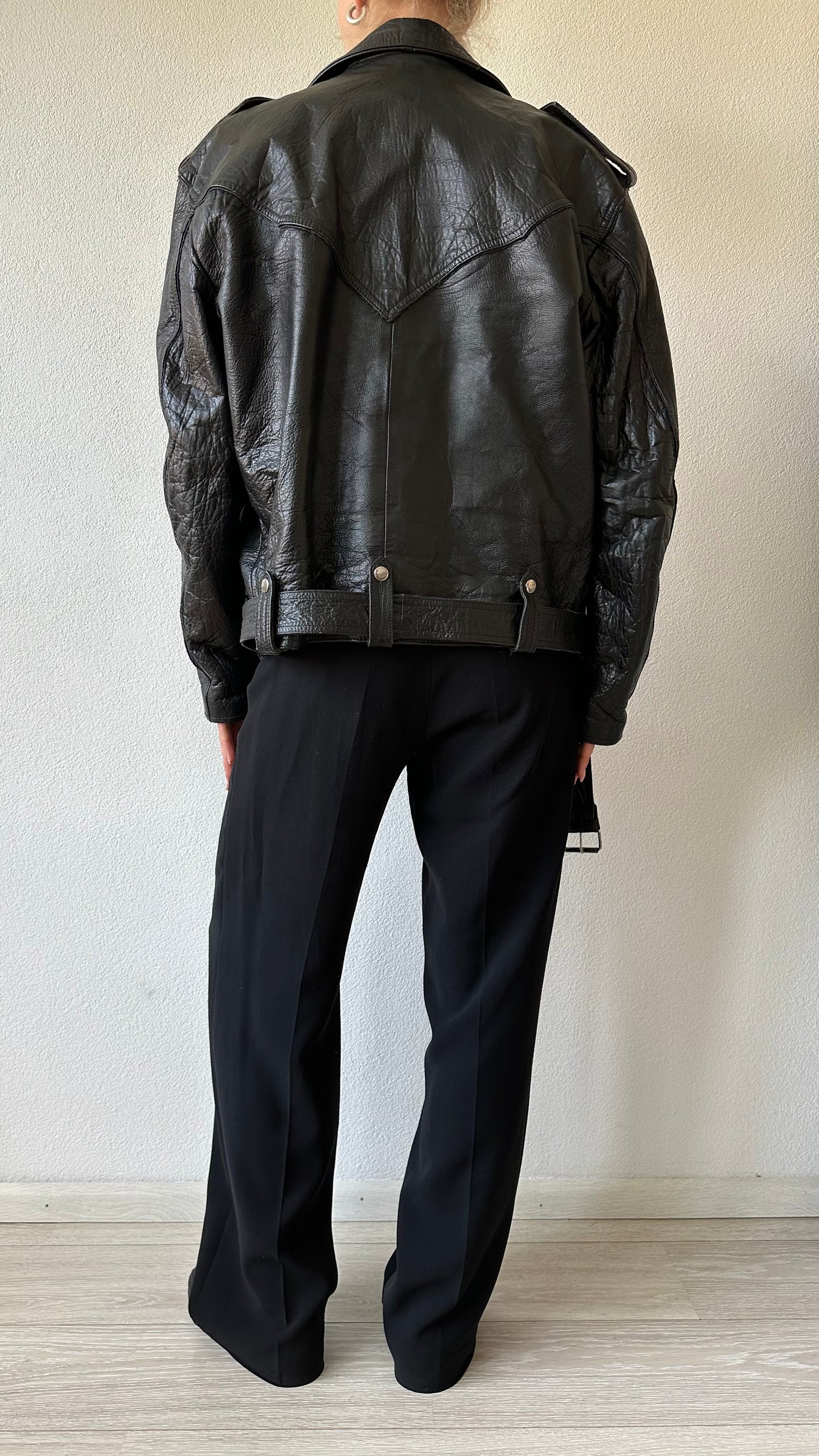 black leather vintage moto jacket