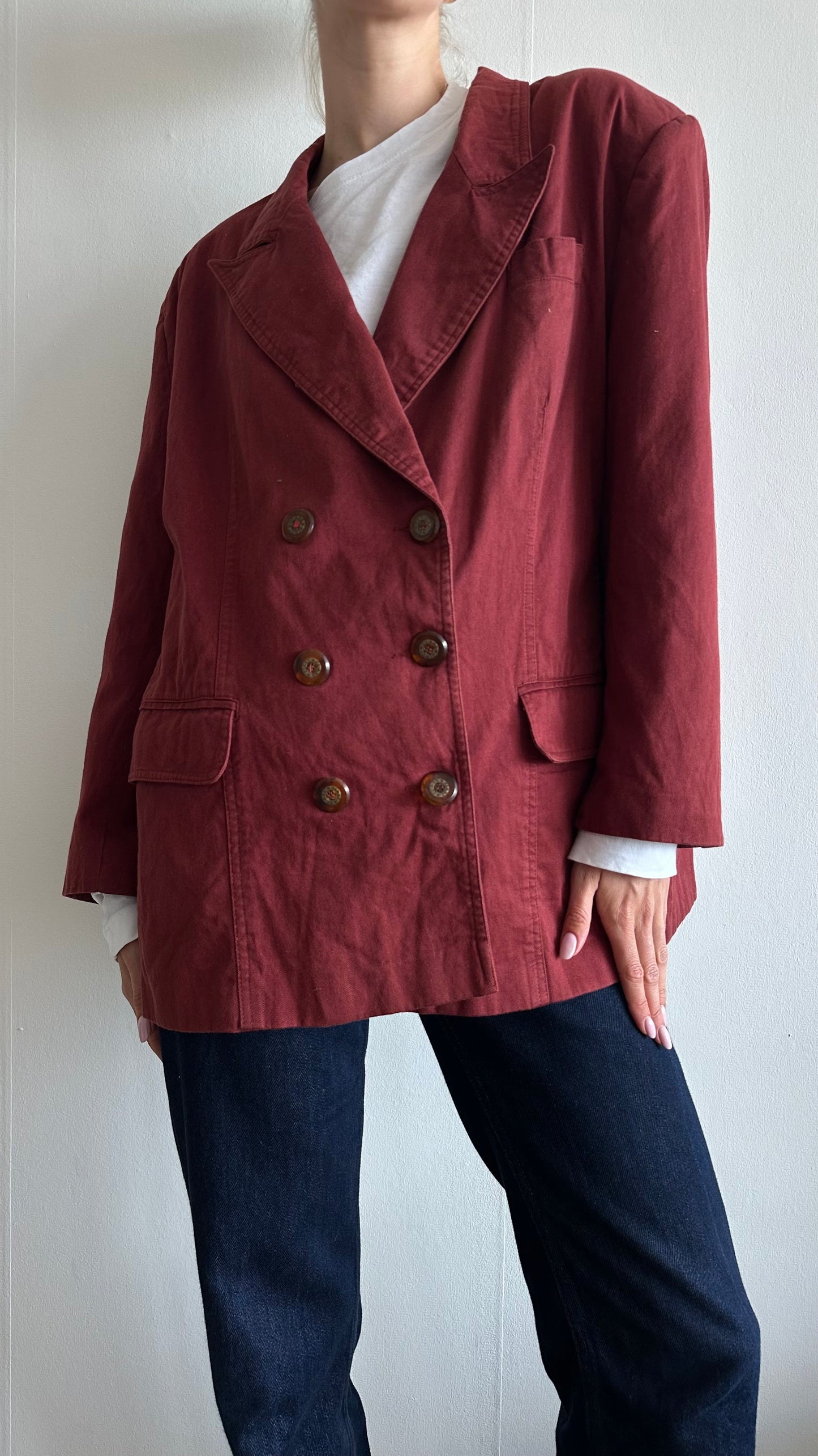 red denim burgundy suit