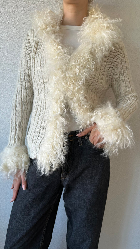 John Galliano vintage knitted cardigan with Mongolian lamb fur (off-white)
