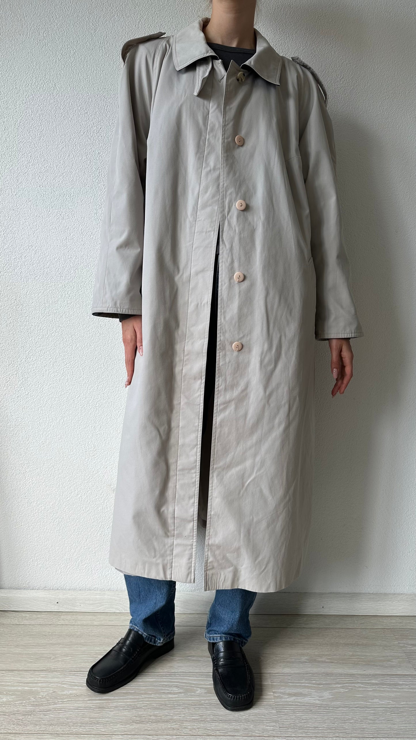 beige vintage button up trenchcoat