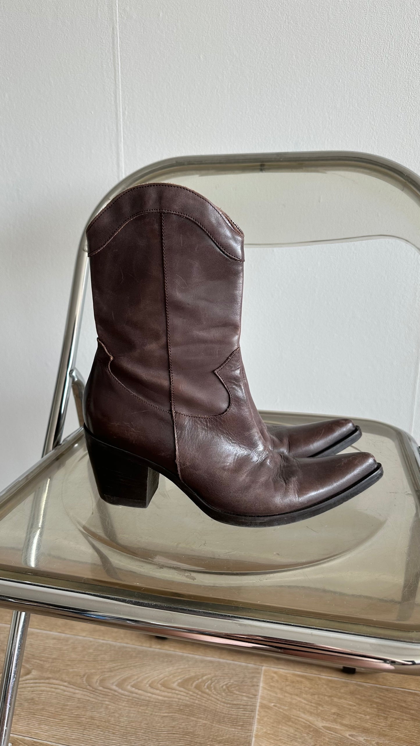 mid century modern walnut leather ankle boots in cowboy style