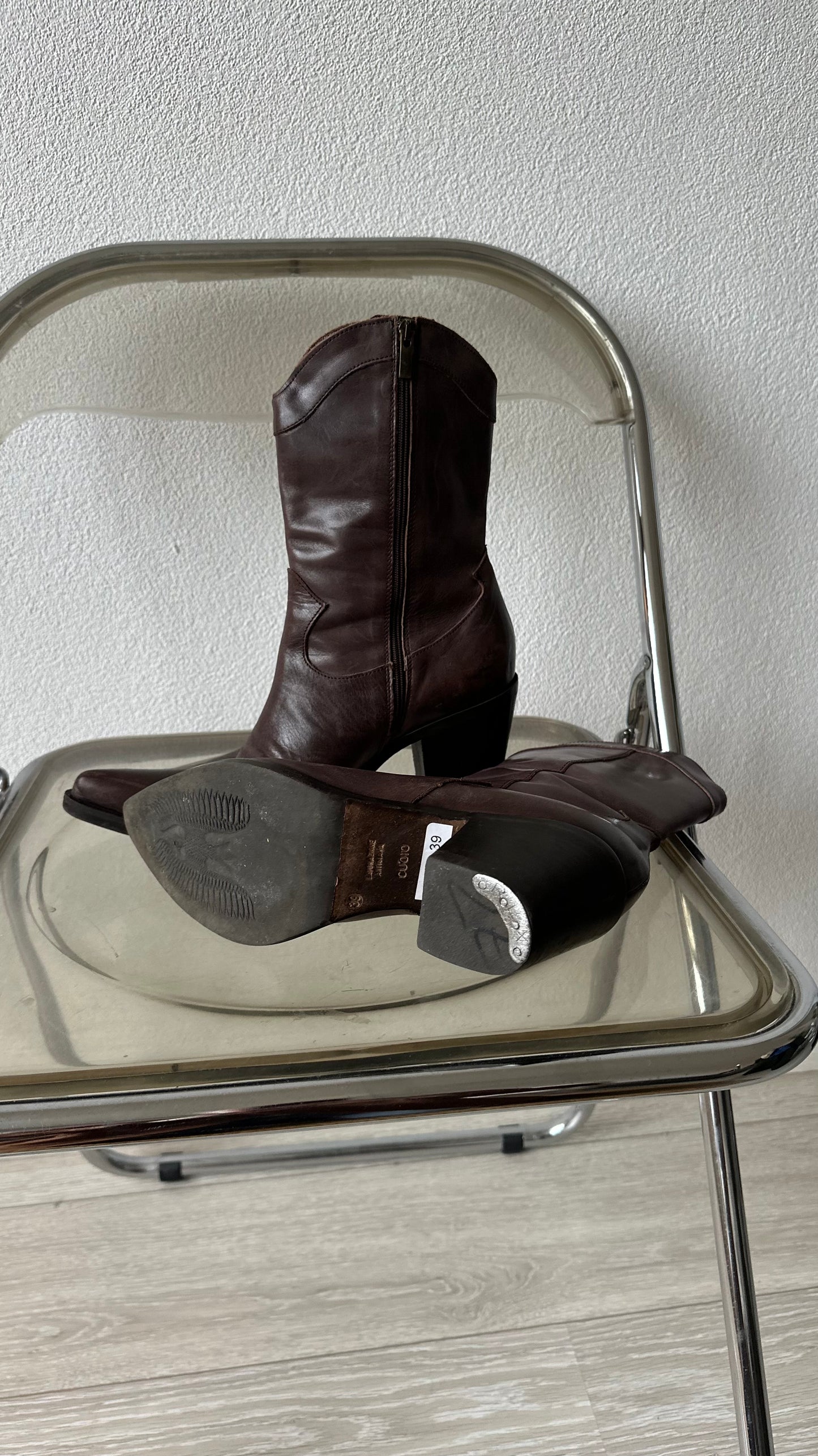 mid century modern walnut leather ankle boots in cowboy style