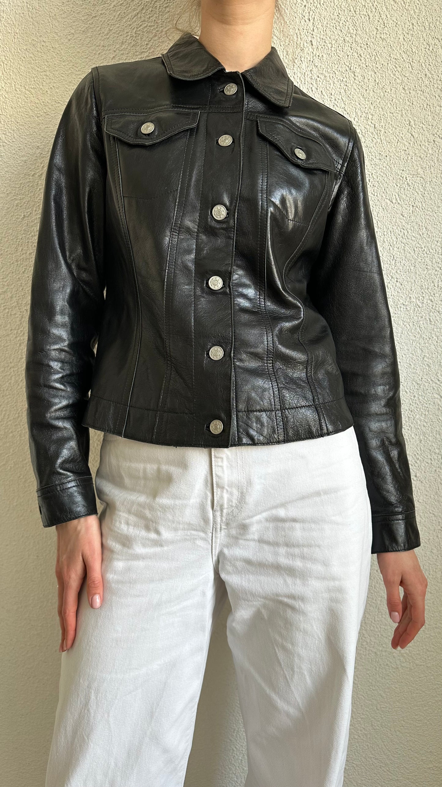 leather black buttoned fitted short coat
