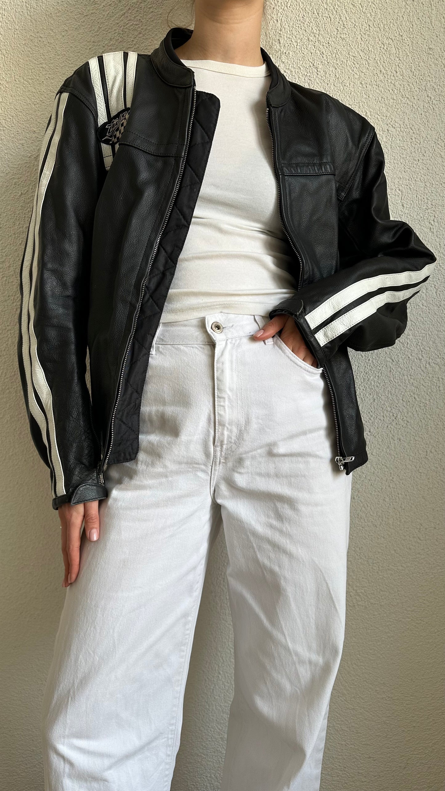 leather black and white race jacket