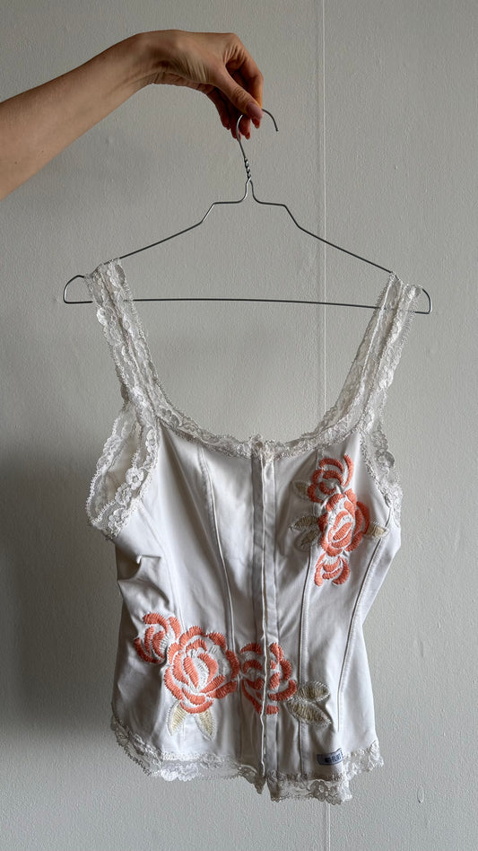 white corset style top with embroidered flowers anti-flirt