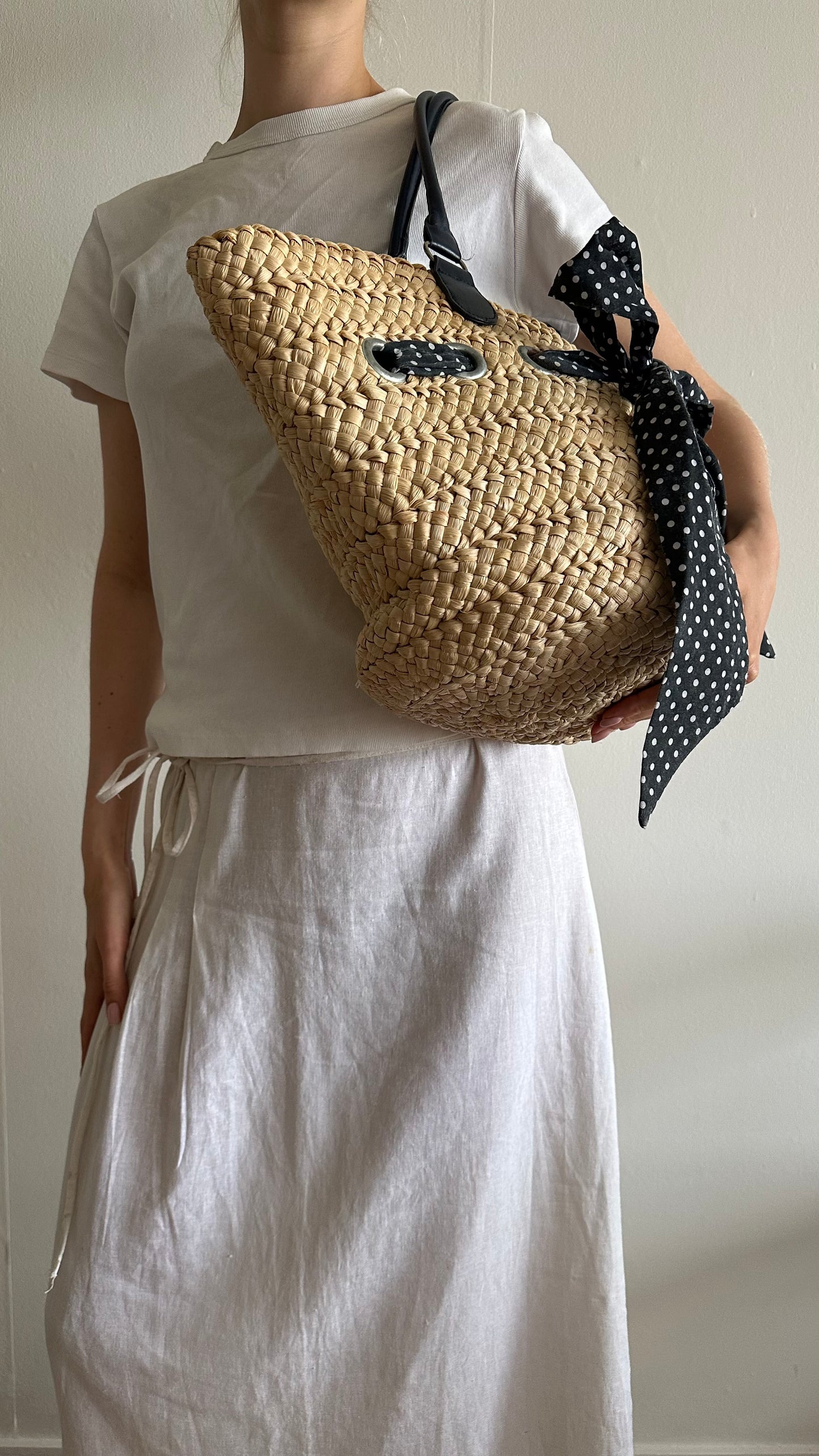 blue polka dot straw basket bag