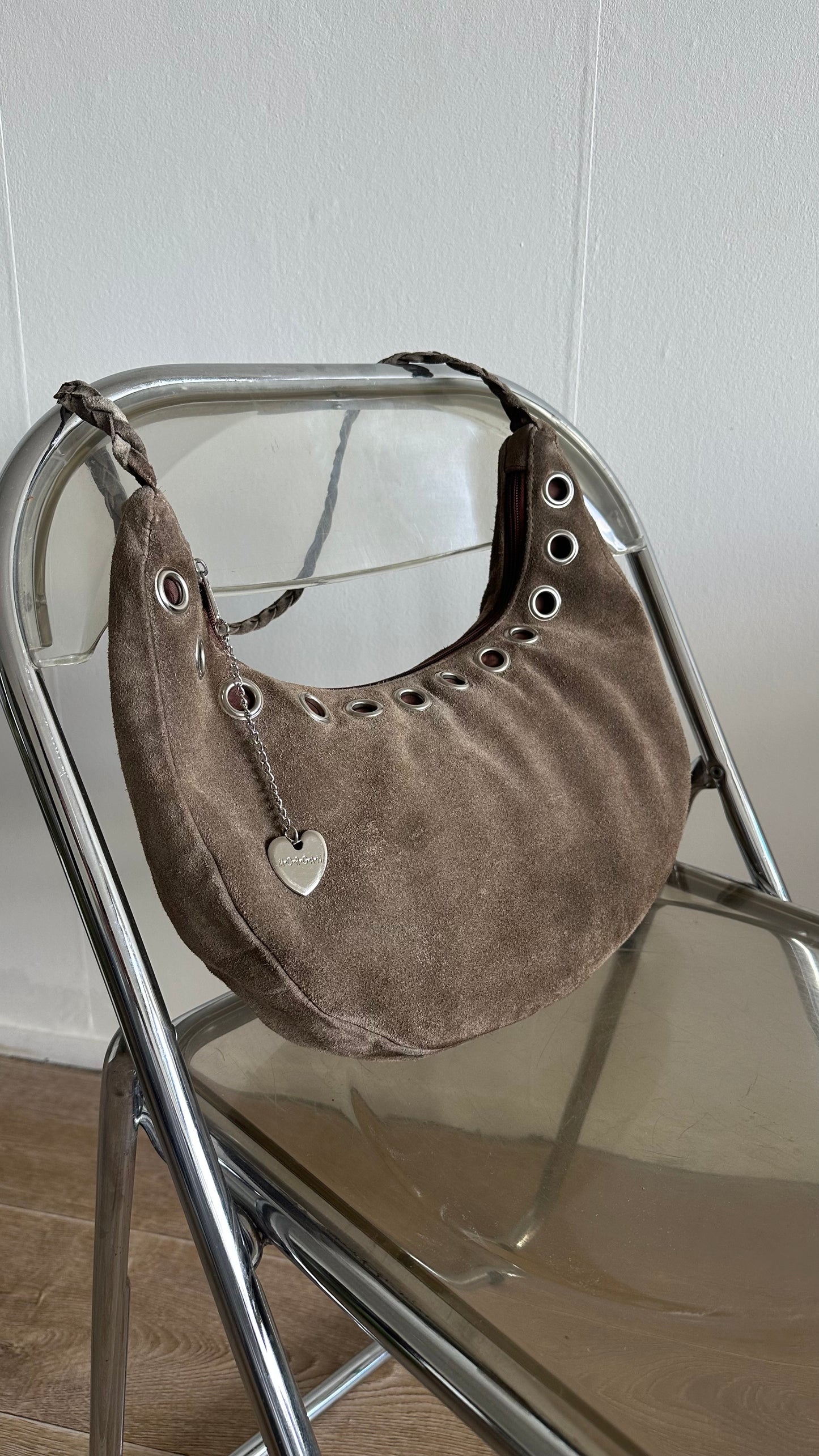 suede brown half moon bag silver rounds