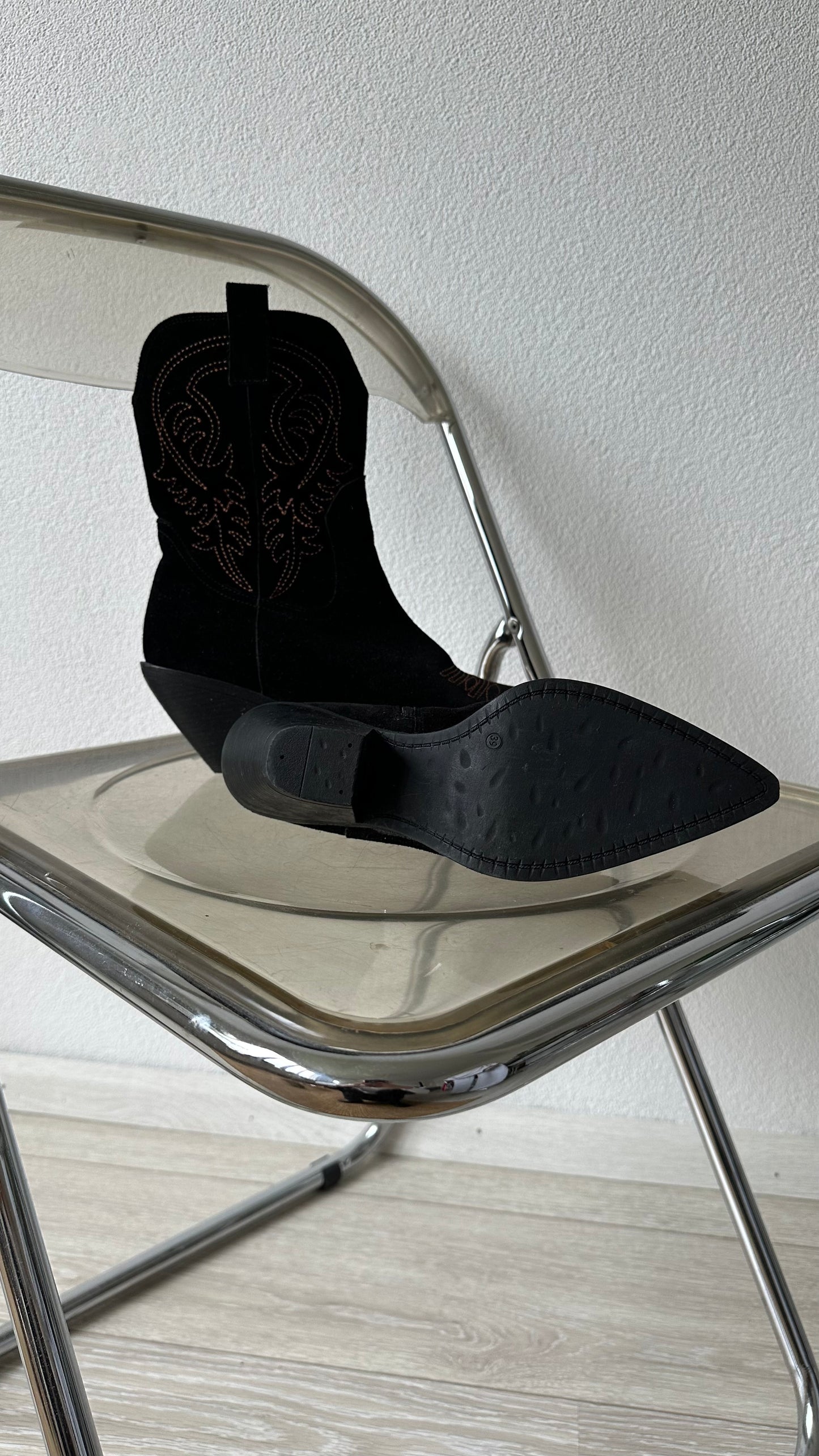 black suede cowboy boots with contrast stitching