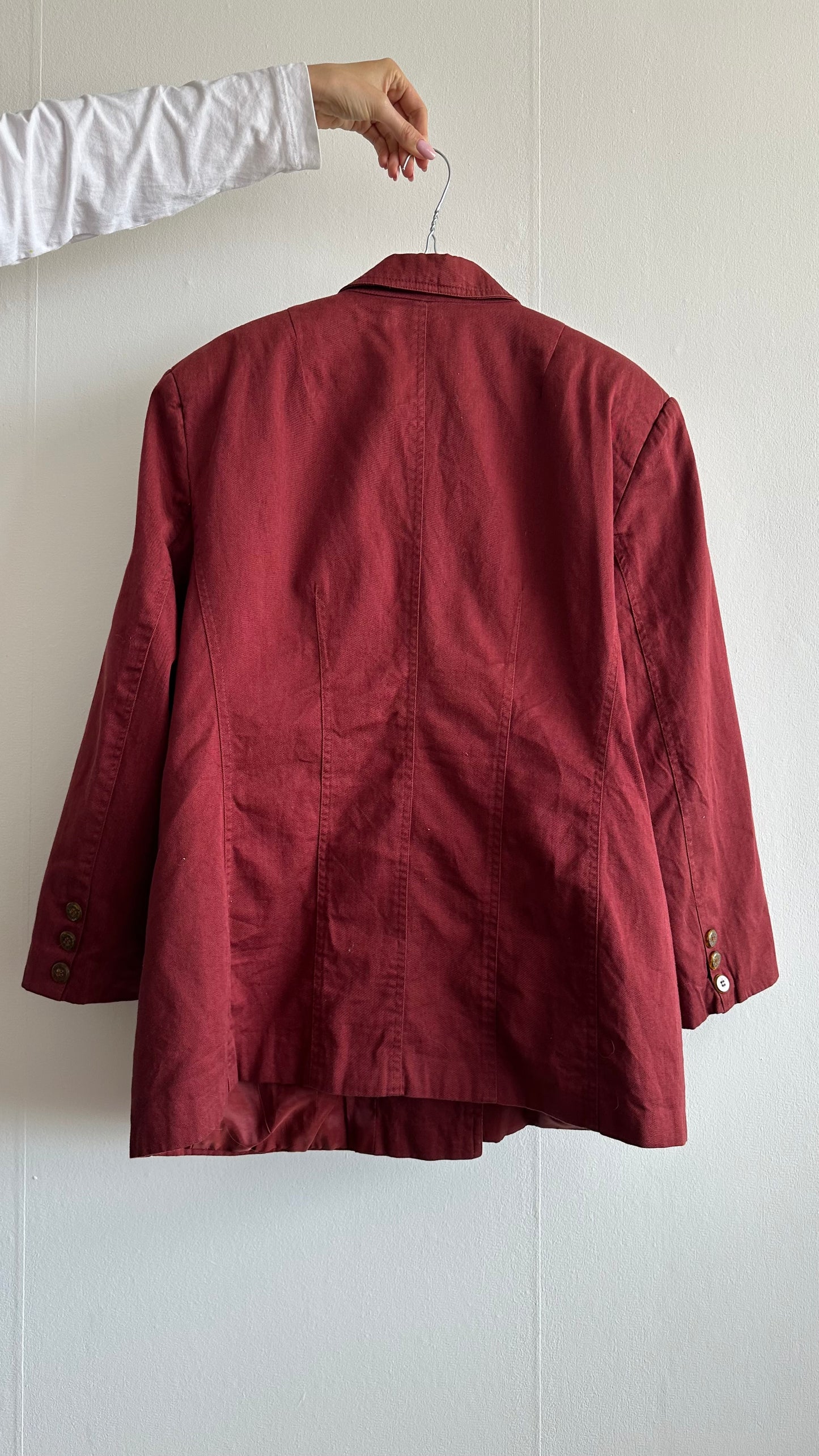 red denim burgundy suit