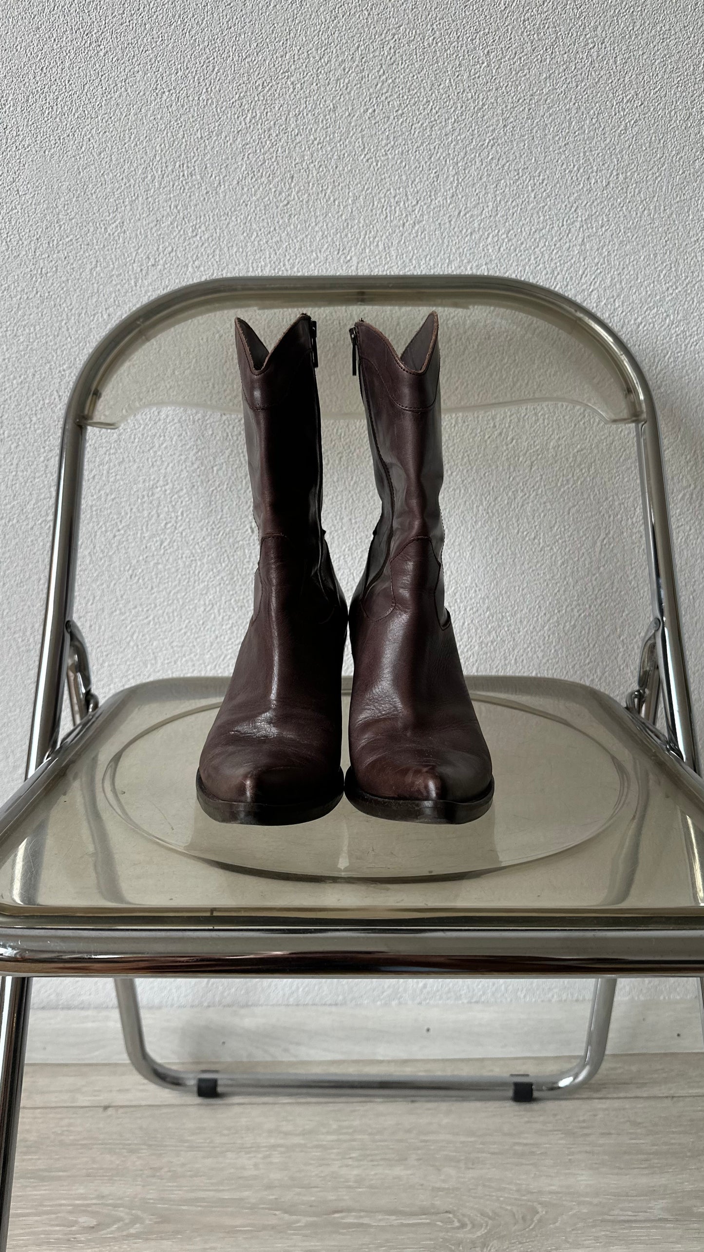 mid century modern walnut leather ankle boots in cowboy style