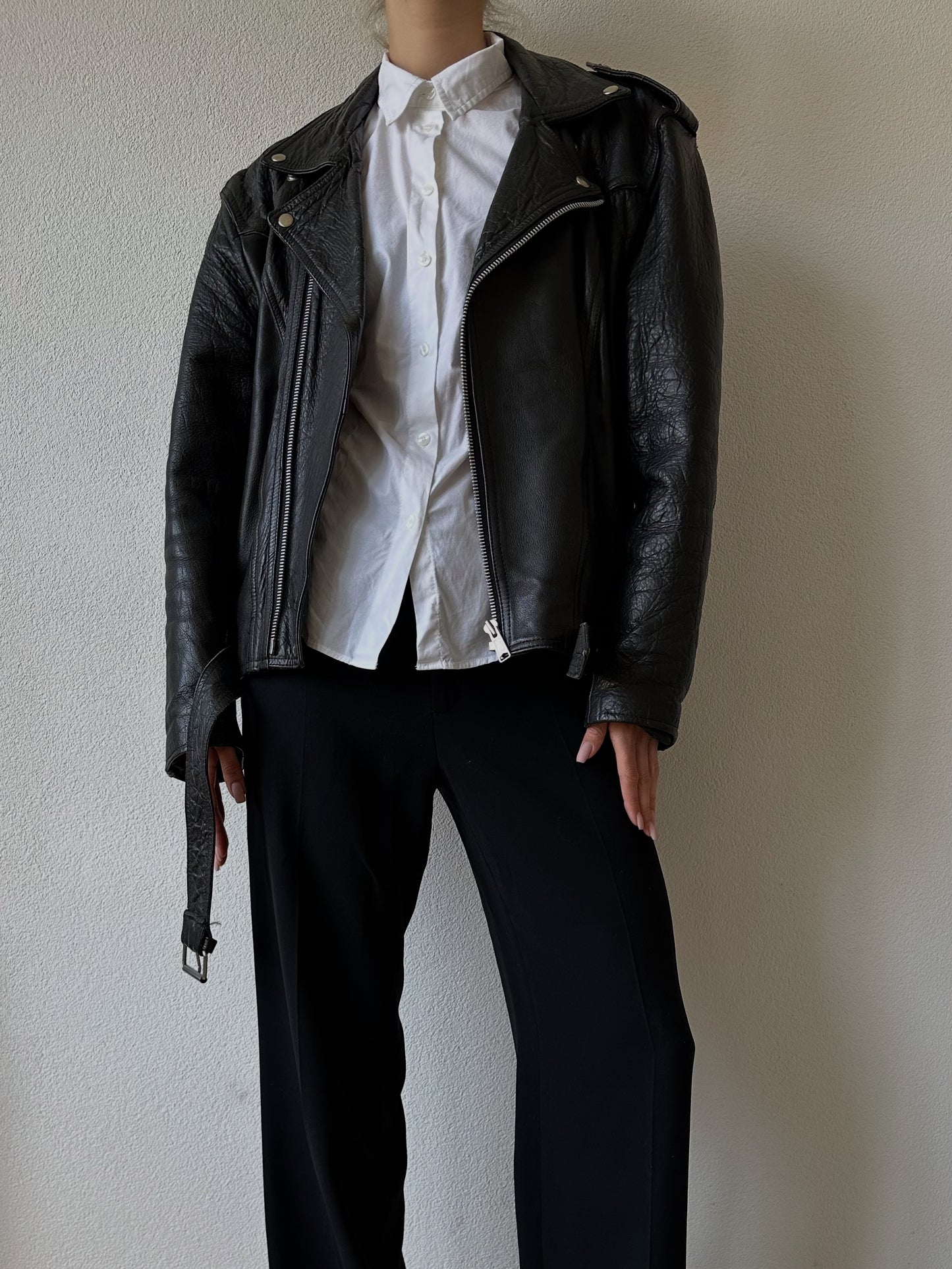 black leather vintage moto jacket